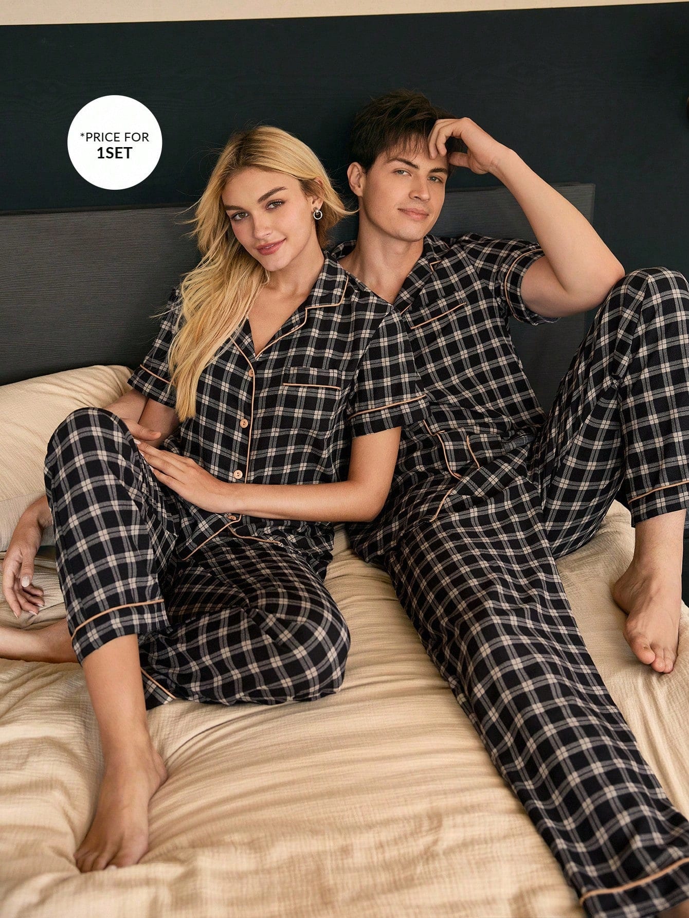 CoupledUp Ensemble de pyjama casual pour homme avec col ouvert, bordure contrastante et