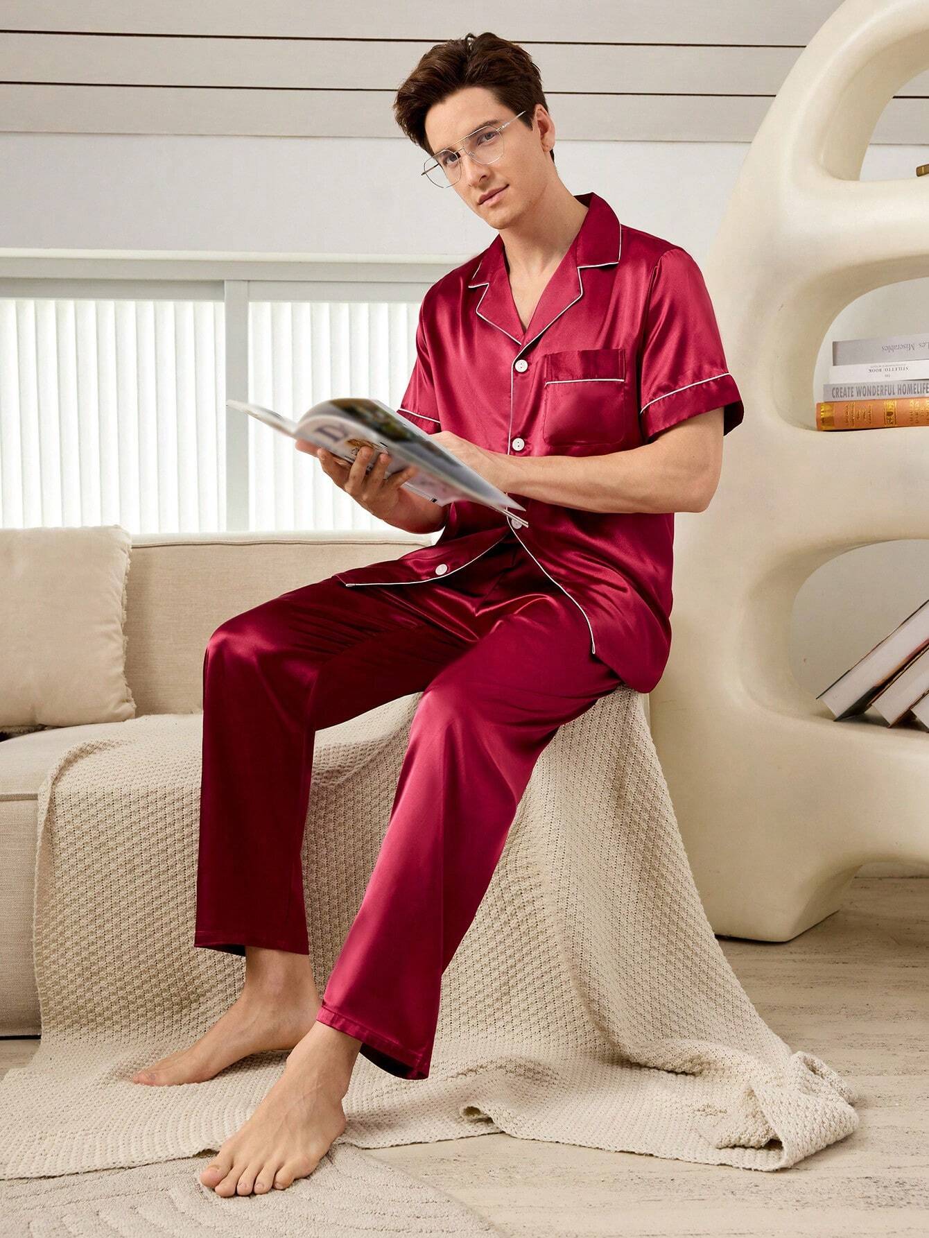 Ensemble de pyjama satin blanc Top à manches courtes avec lien contrastant & — vue 3