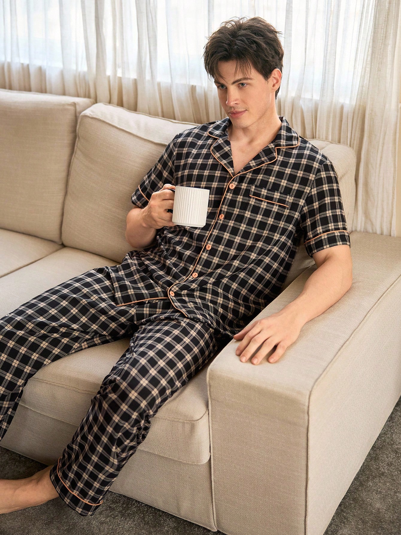 CoupledUp Ensemble de pyjama casual pour homme avec col ouvert, bordure contrastante et — vue 2