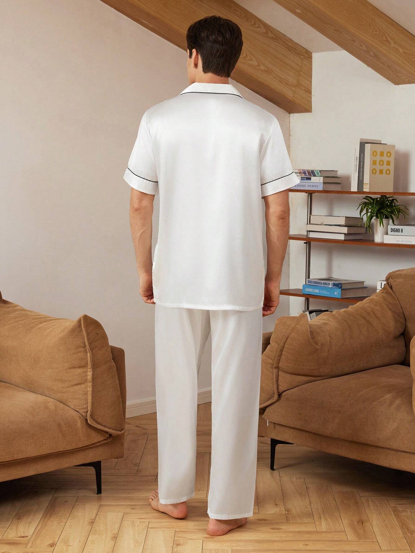 Ensemble de pyjama satin blanc Top à manches courtes avec lien contrastant & — vue 6