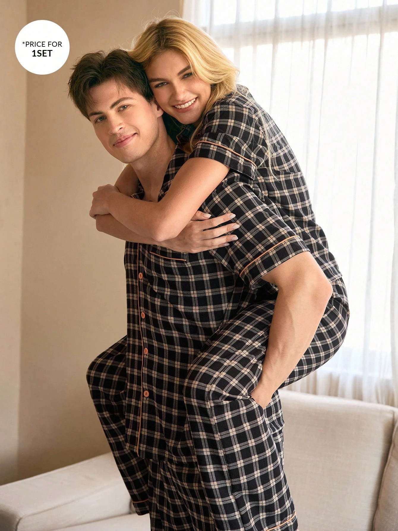 CoupledUp Ensemble de pyjama casual pour homme avec col ouvert, bordure contrastante et — vue 6