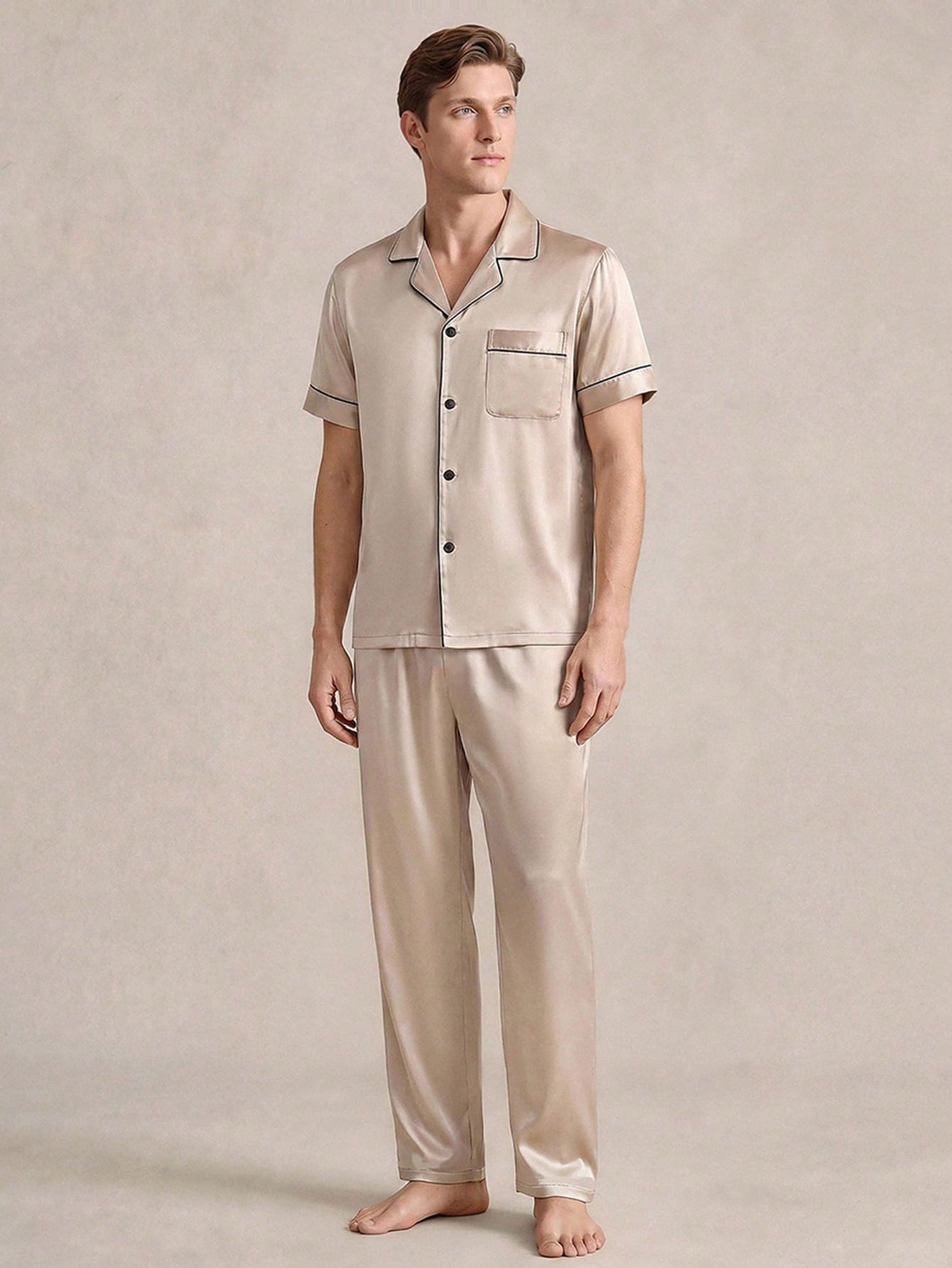 Ensemble de pyjama satin blanc Top à manches courtes avec lien contrastant & — vue 4