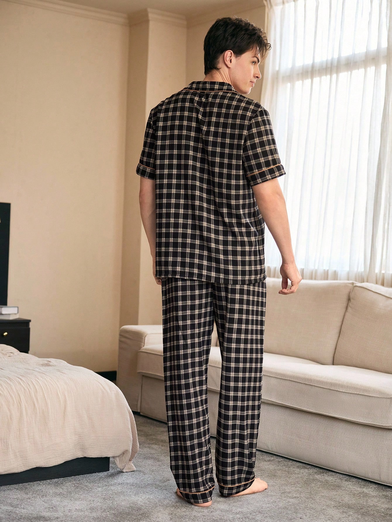 CoupledUp Ensemble de pyjama casual pour homme avec col ouvert, bordure contrastante et — vue 3