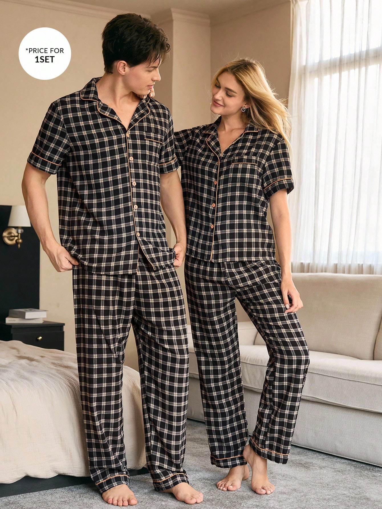 CoupledUp Ensemble de pyjama casual pour homme avec col ouvert, bordure contrastante et — vue 5