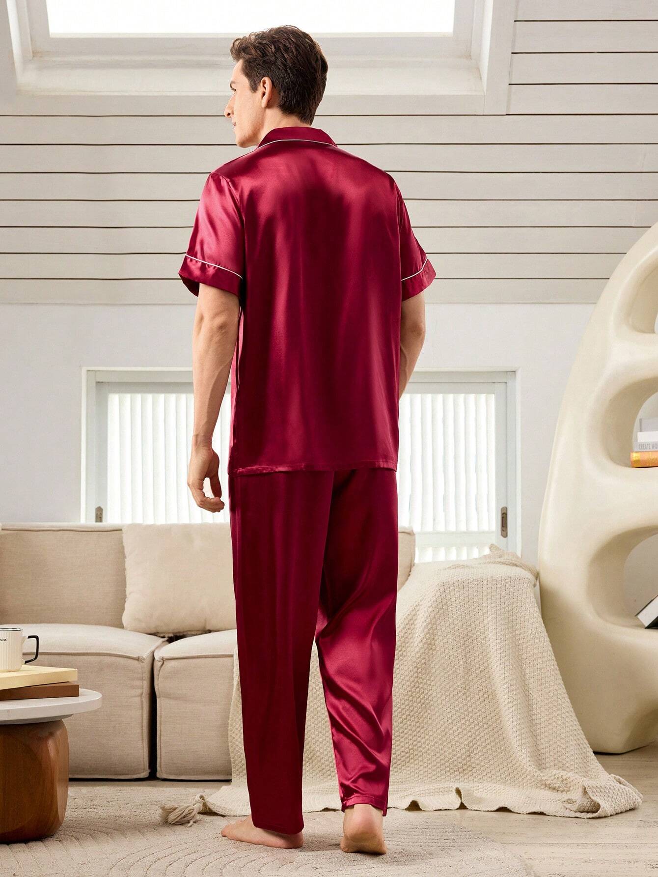 Ensemble de pyjama satin blanc Top à manches courtes avec lien contrastant & — vue 8