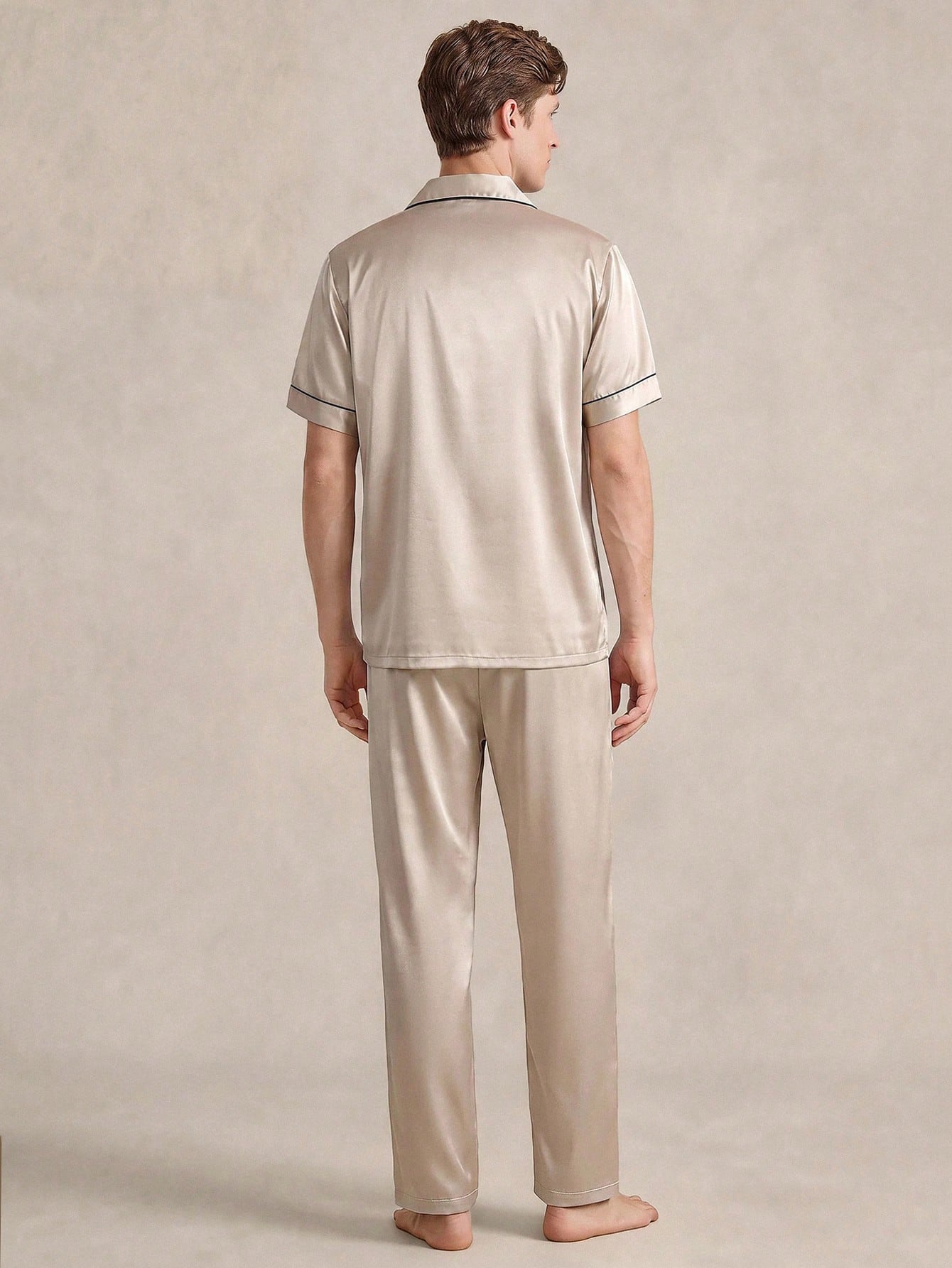 Ensemble de pyjama satin blanc Top à manches courtes avec lien contrastant & — vue 9