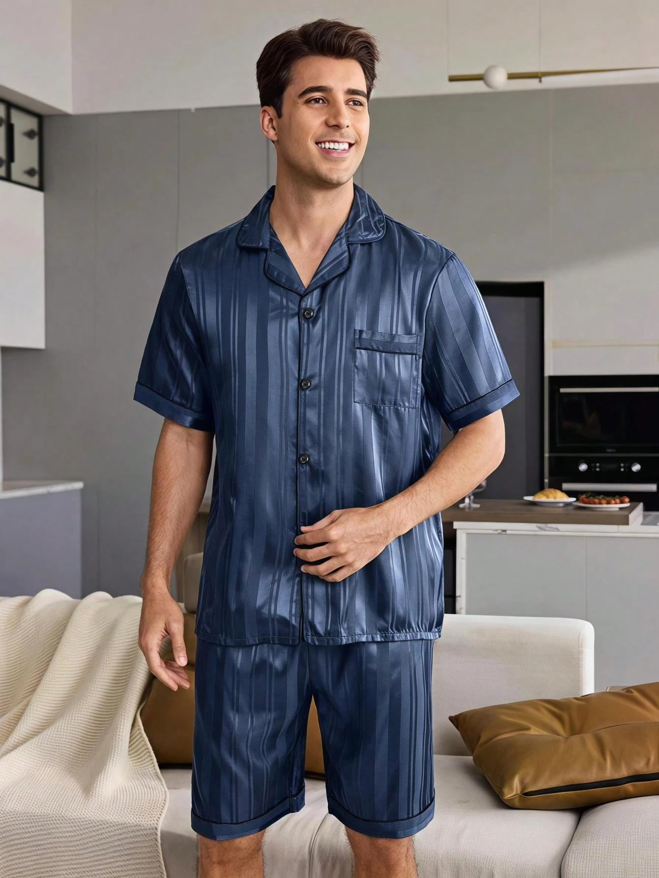 CoupledUp Ensemble de pyjama homme en fausse soie jacquard avec manches courtes & short — vue 4