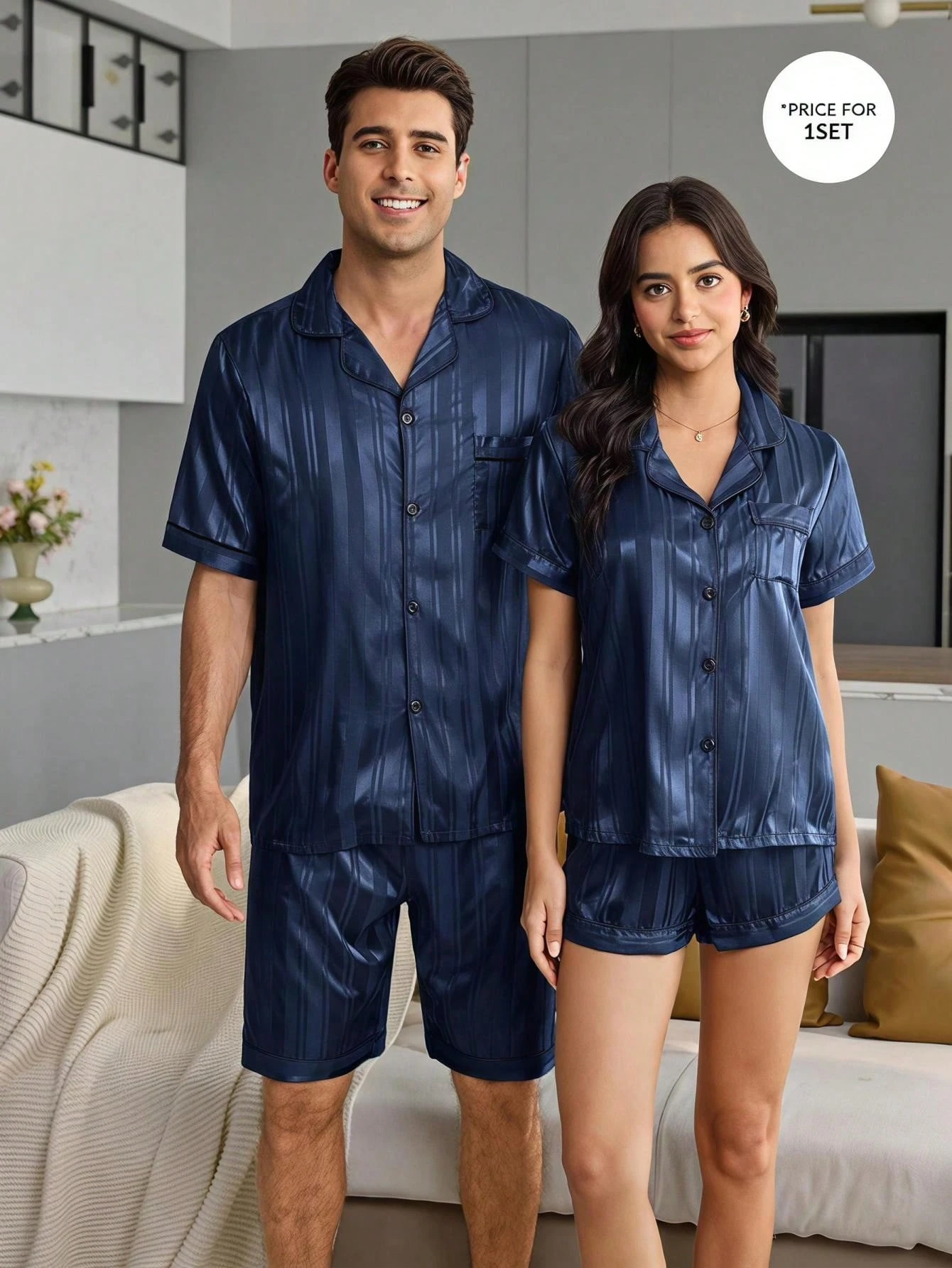 CoupledUp Ensemble de pyjama homme en fausse soie jacquard avec manches courtes & short — vue 12
