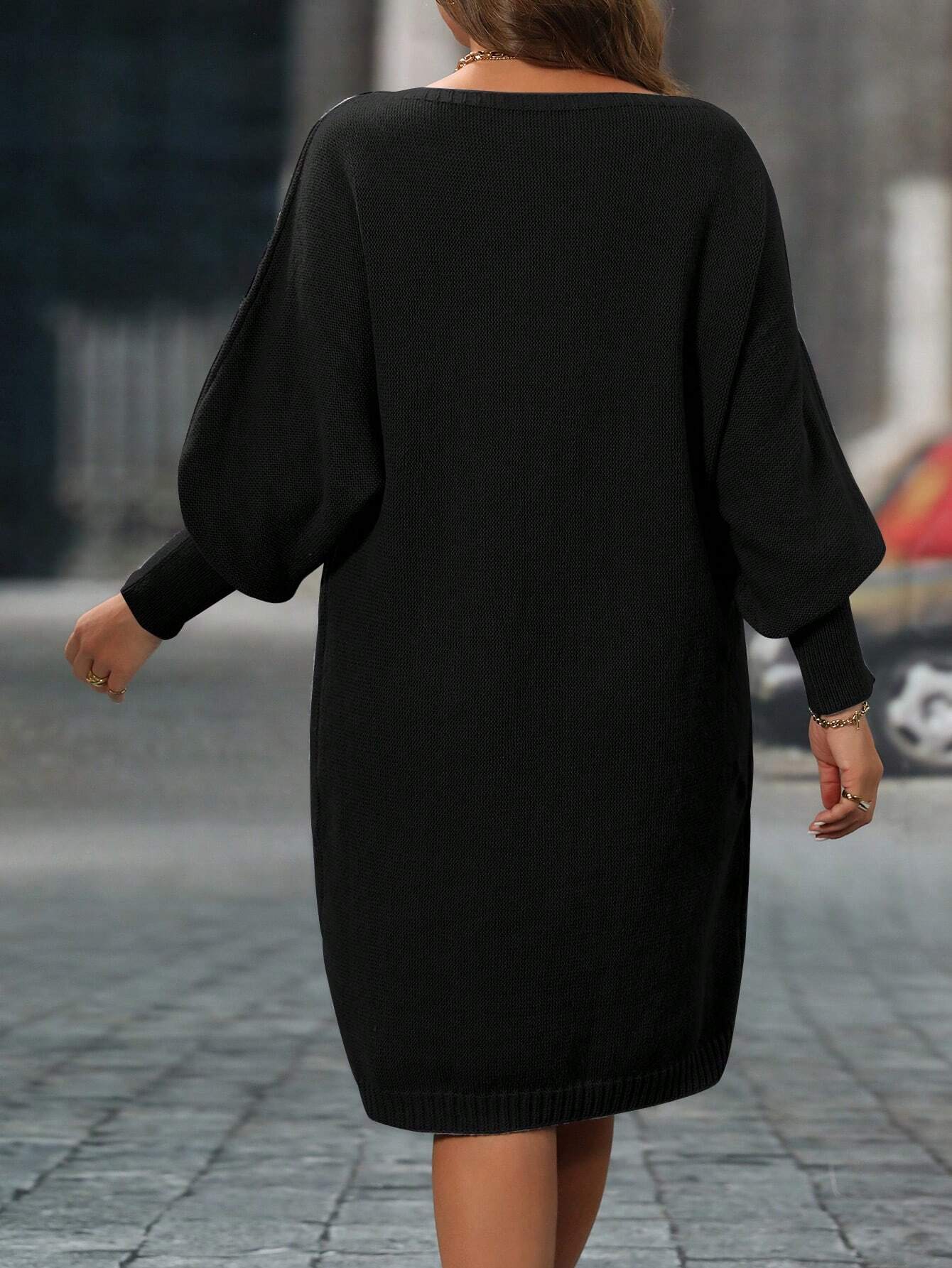 Robe-pull courte simple à manches longues de couleur unie, grande taille, hiver — vue 4