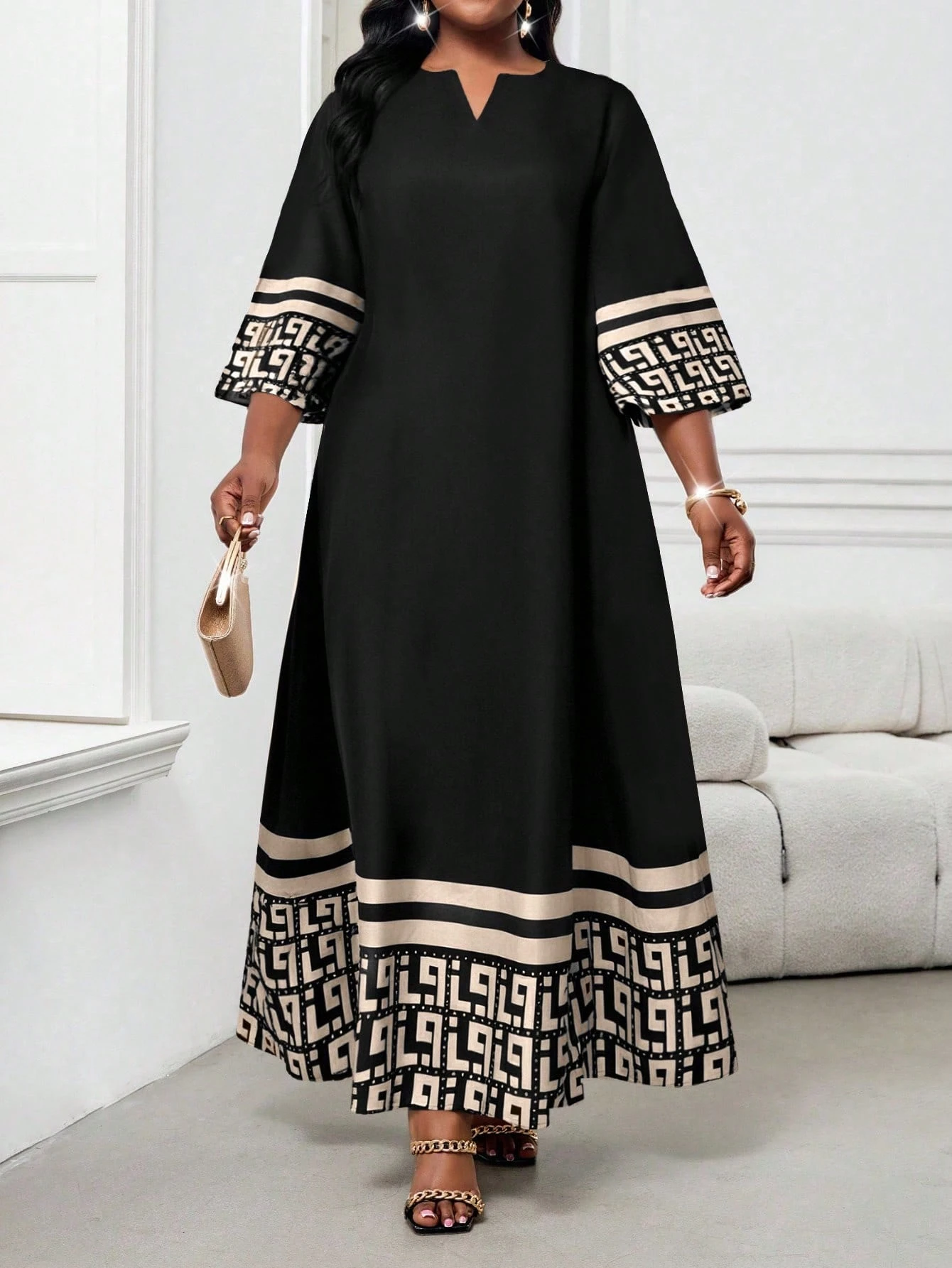 Lady Robe ample à manches lâches avec imprimé rayé Huizi classique, col en V avec