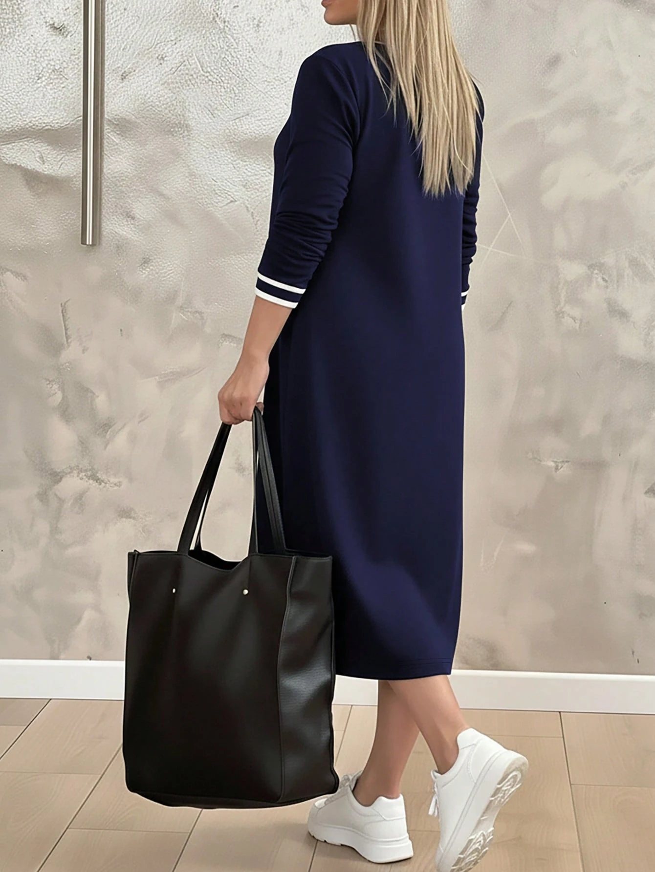Robe décontractée ample à col V et manches longues, ourlet fendu pour femmes grandes — vue 3