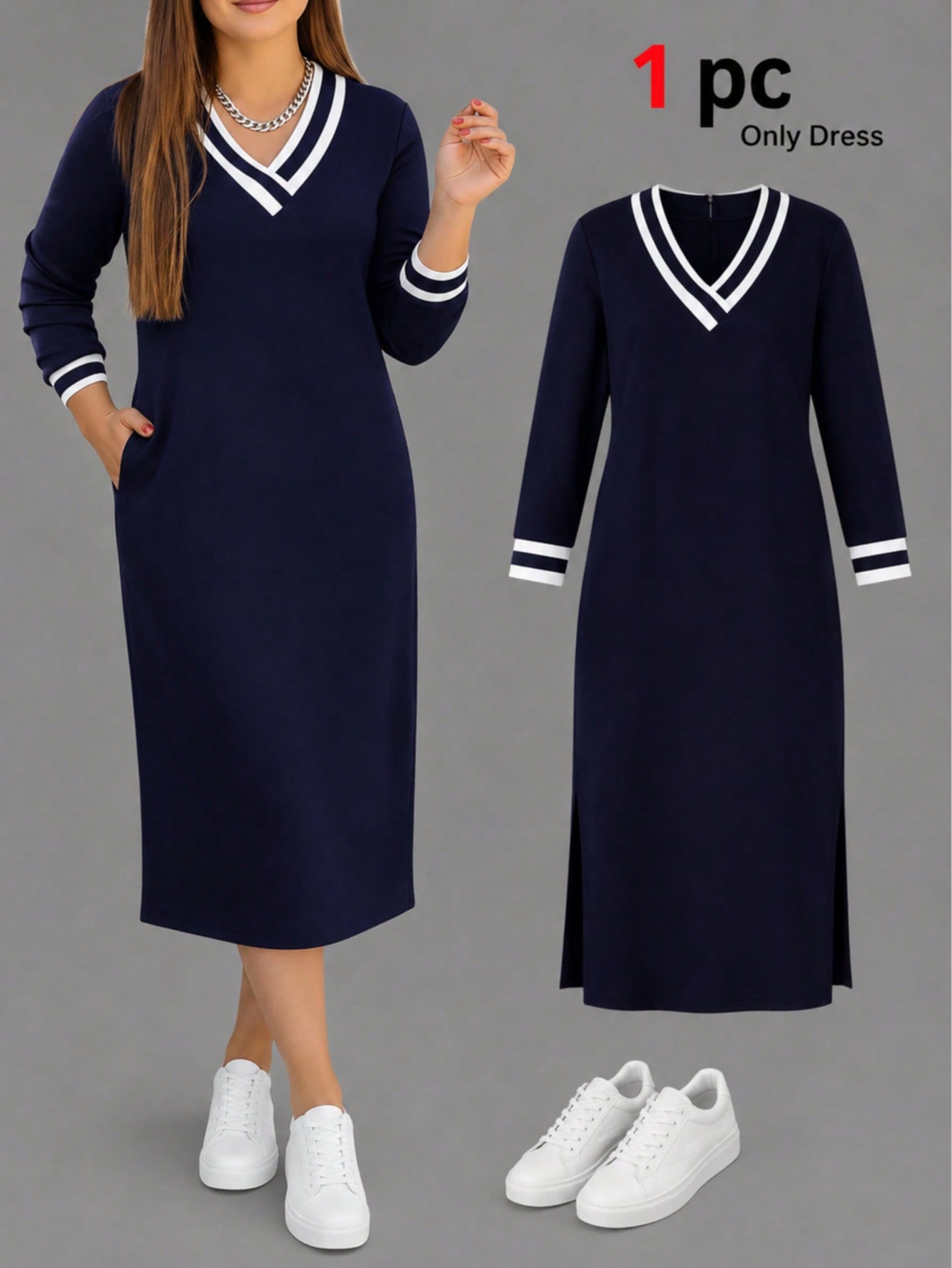 Robe décontractée ample à col V et manches longues, ourlet fendu pour femmes grandes — vue 5