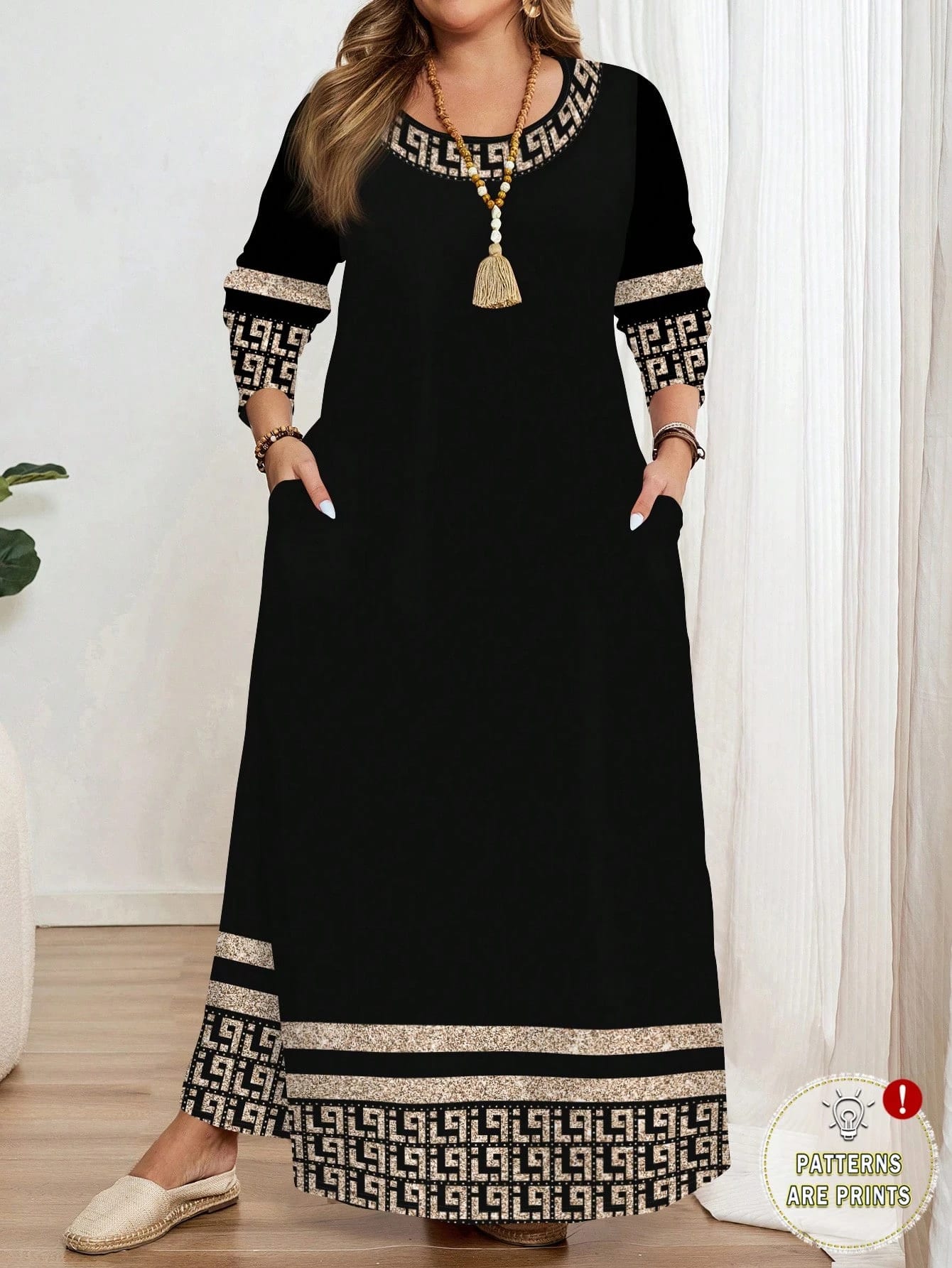EMERY ROSE Robe à manches longues col rond imprimé géométrique classique grande taille,