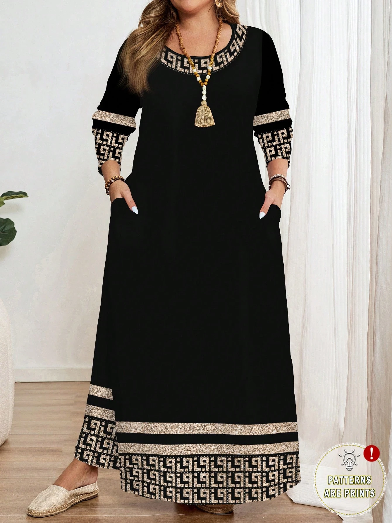 EMERY ROSE Robe à manches longues col rond imprimé géométrique classique grande taille,