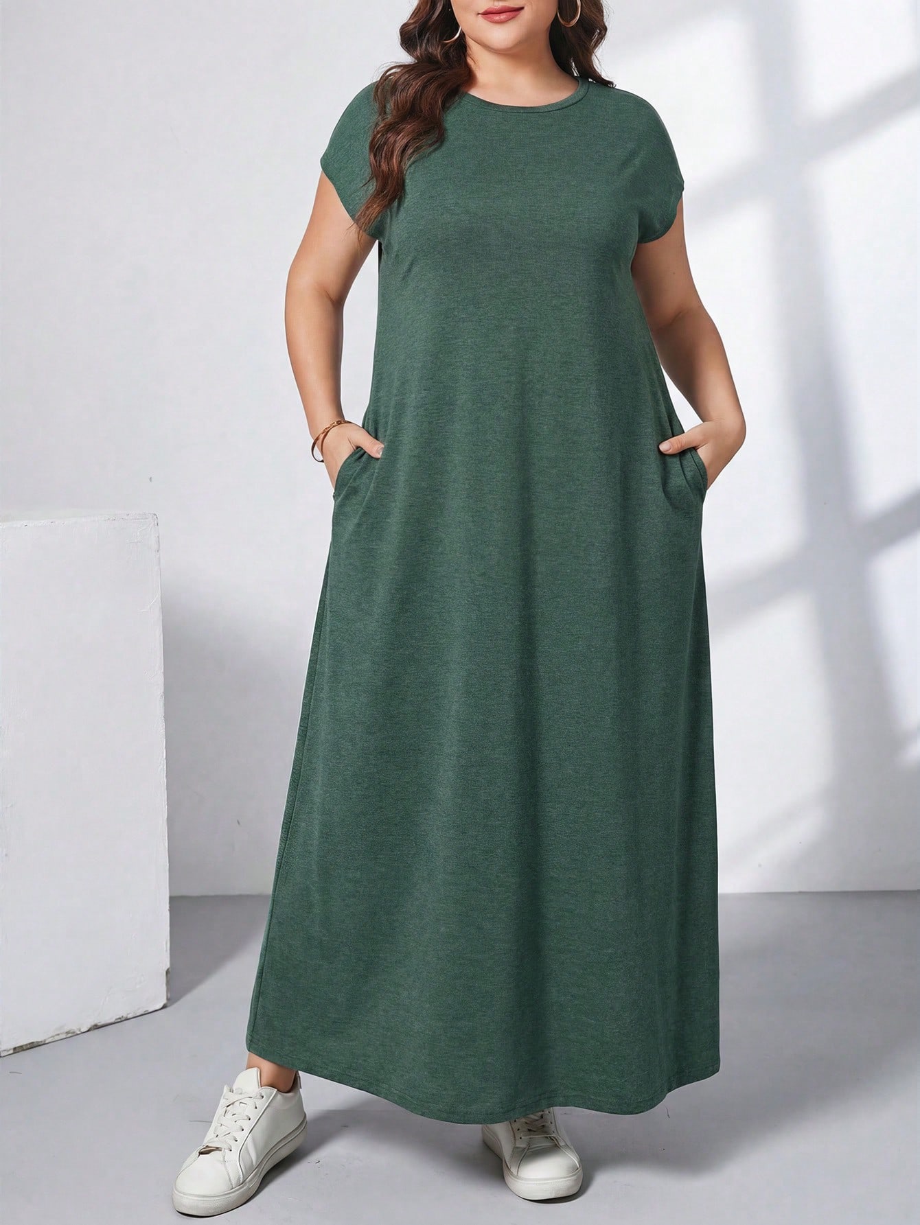 Essnce Robe longue verte à manches courtes, style simple et décontracté