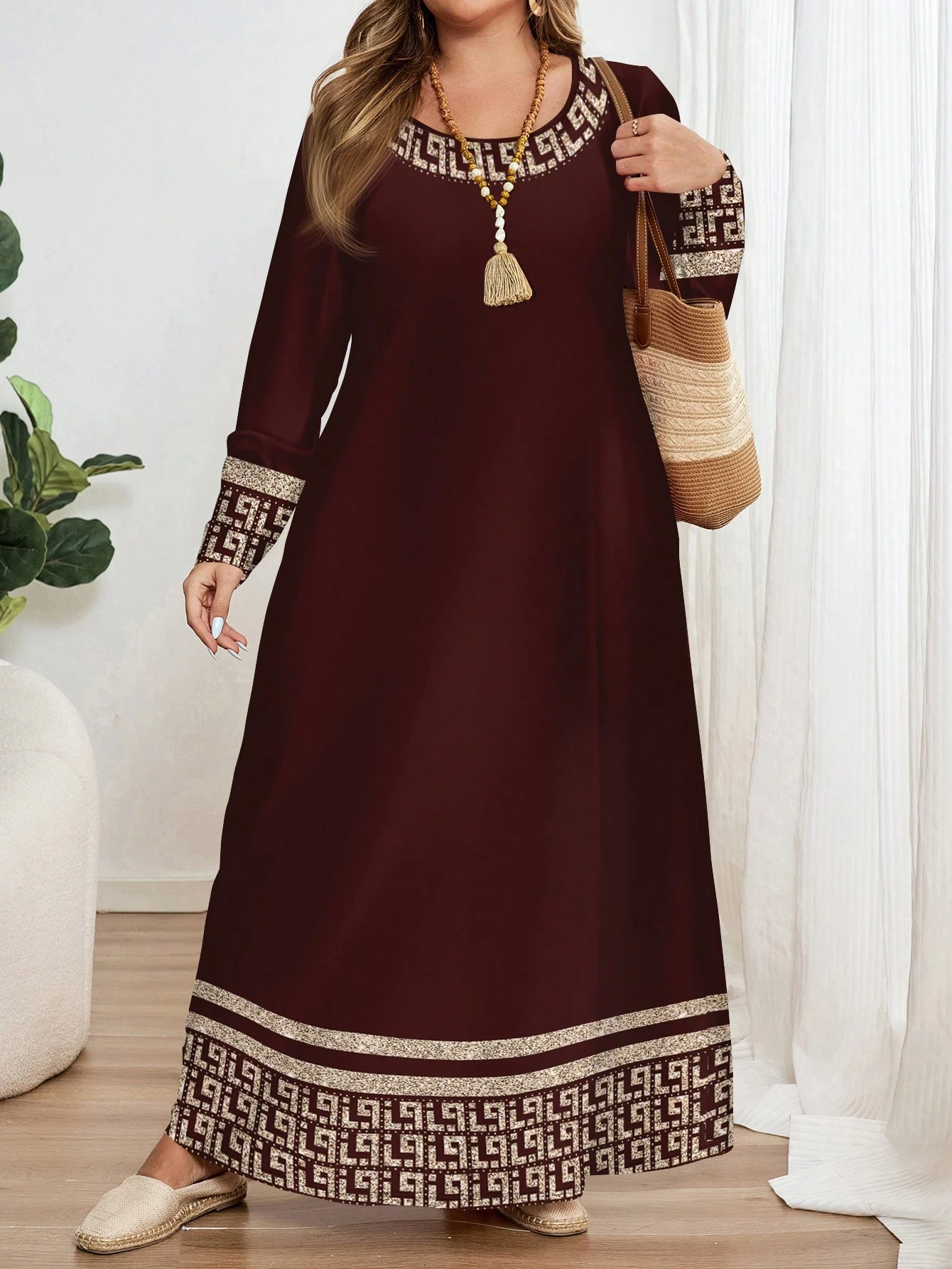 EMERY ROSE Robe à manches longues col rond imprimé géométrique classique grande taille, — vue 9