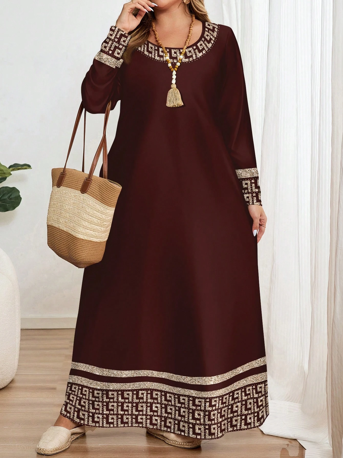 EMERY ROSE Robe à manches longues col rond imprimé géométrique classique grande taille, — vue 8