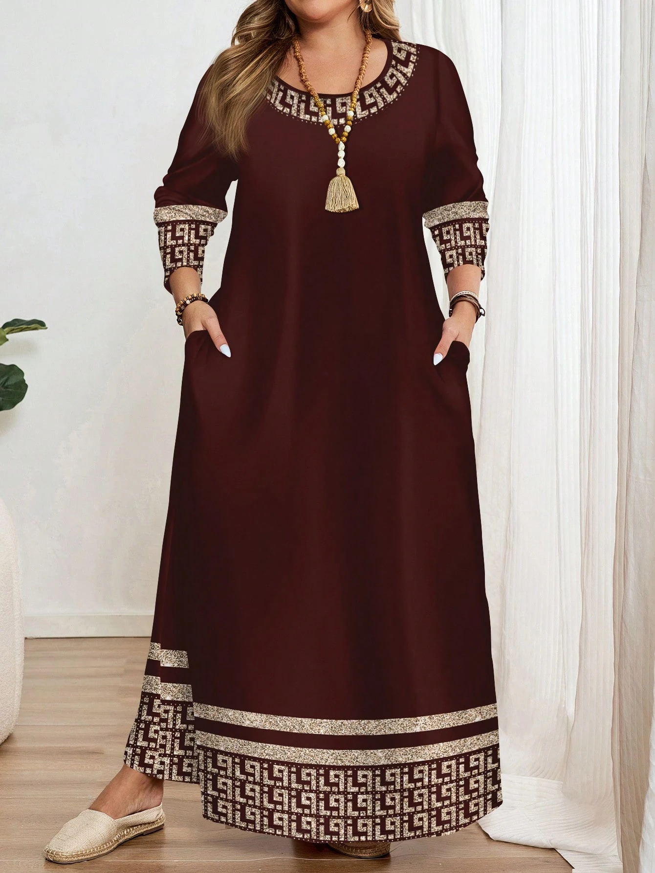 EMERY ROSE Robe à manches longues col rond imprimé géométrique classique grande taille, — vue 10