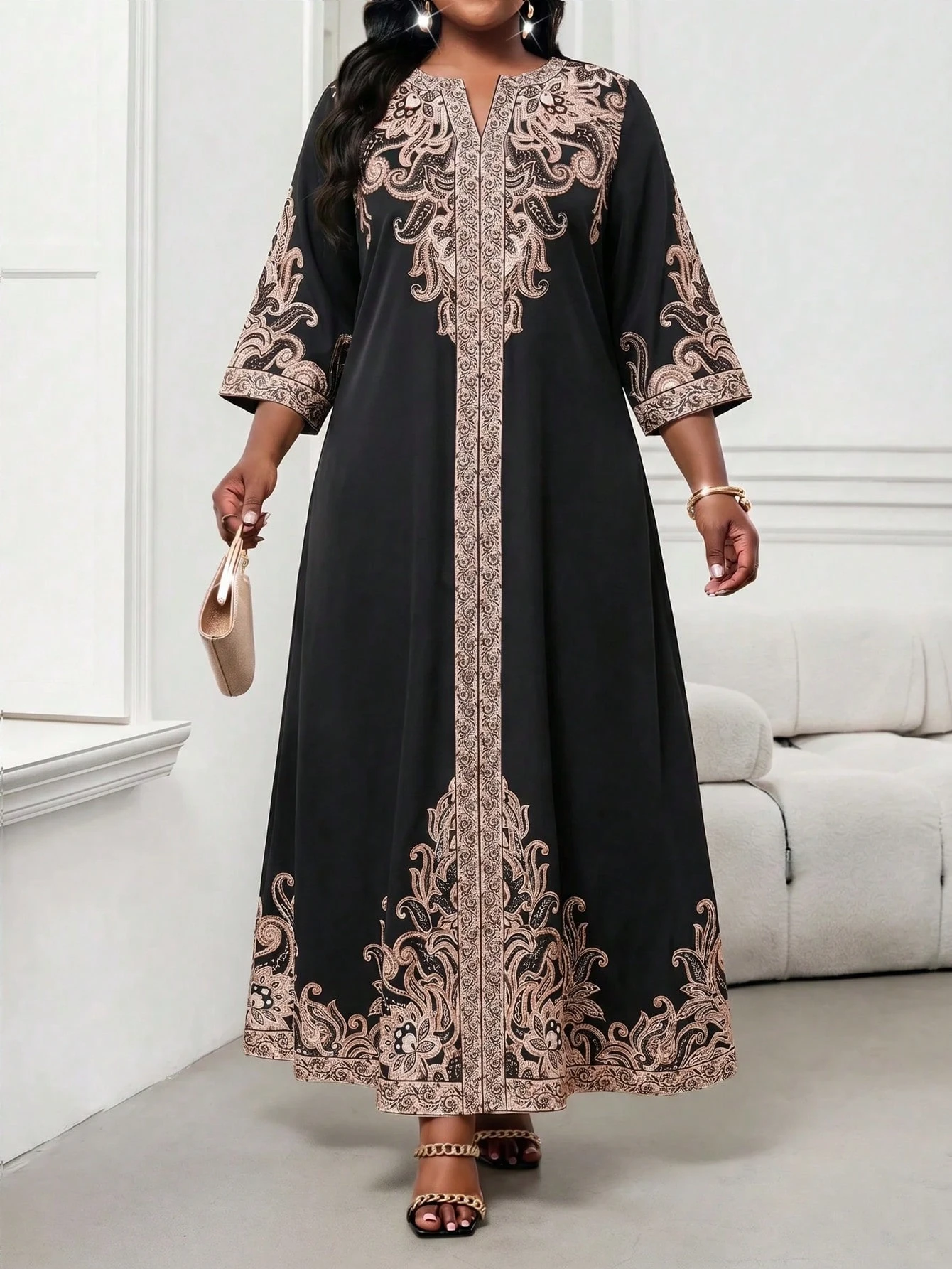 Lady Robe vintage imprimée élégante avec encolure échancrée, grande taille — vue 2