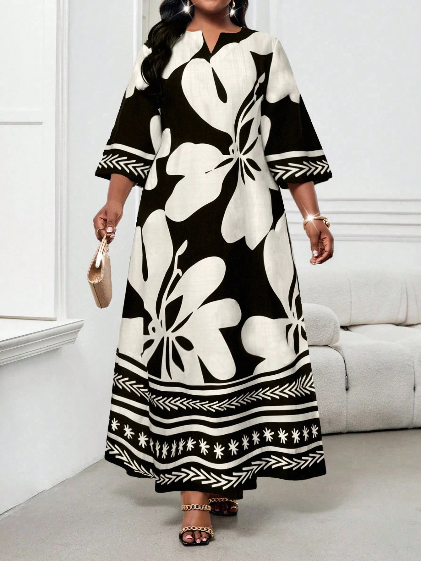Lady Robe vintage imprimée élégante avec encolure échancrée, grande taille — vue 3
