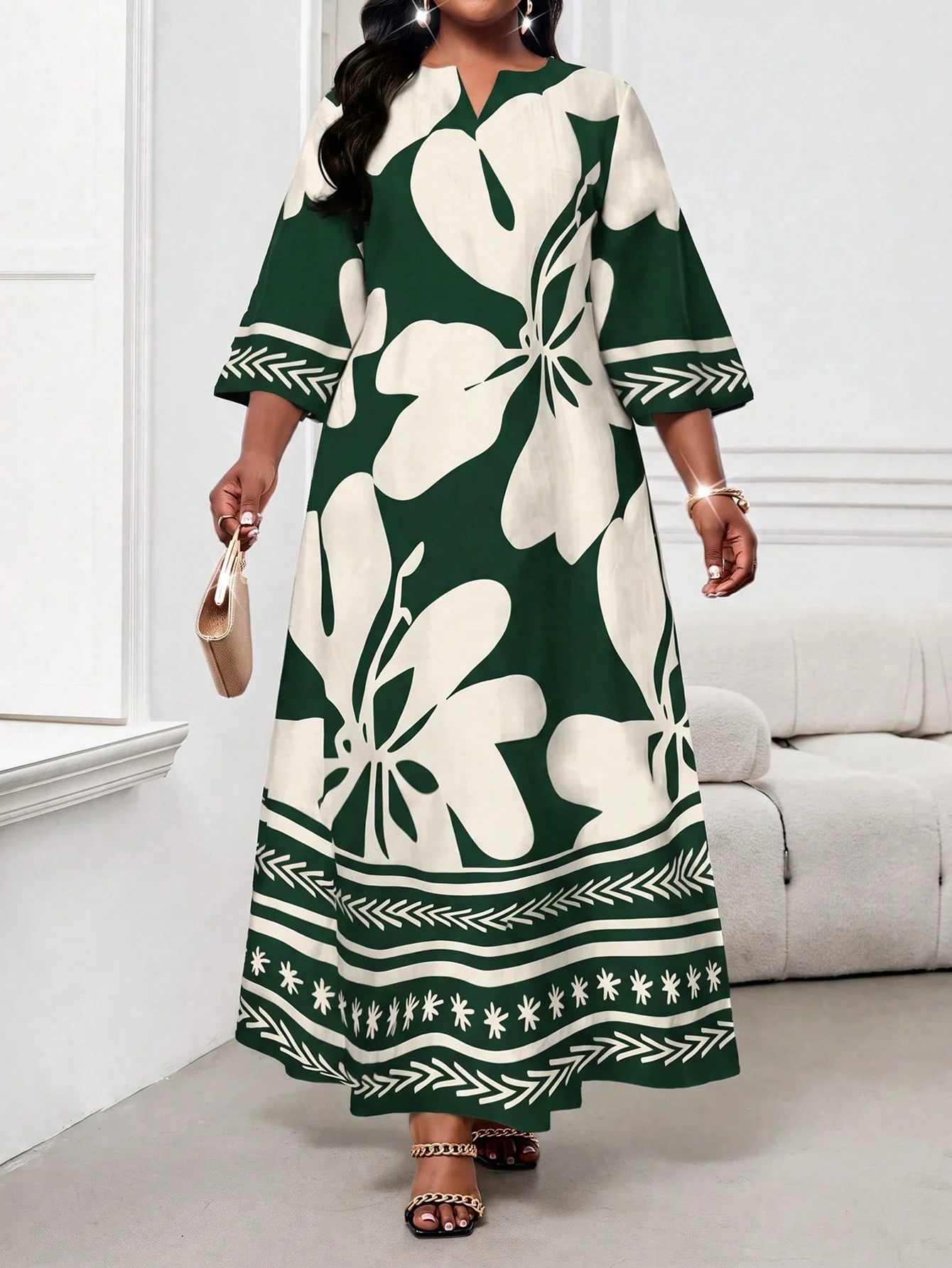 Lady Robe vintage imprimée élégante avec encolure échancrée, grande taille — vue 6