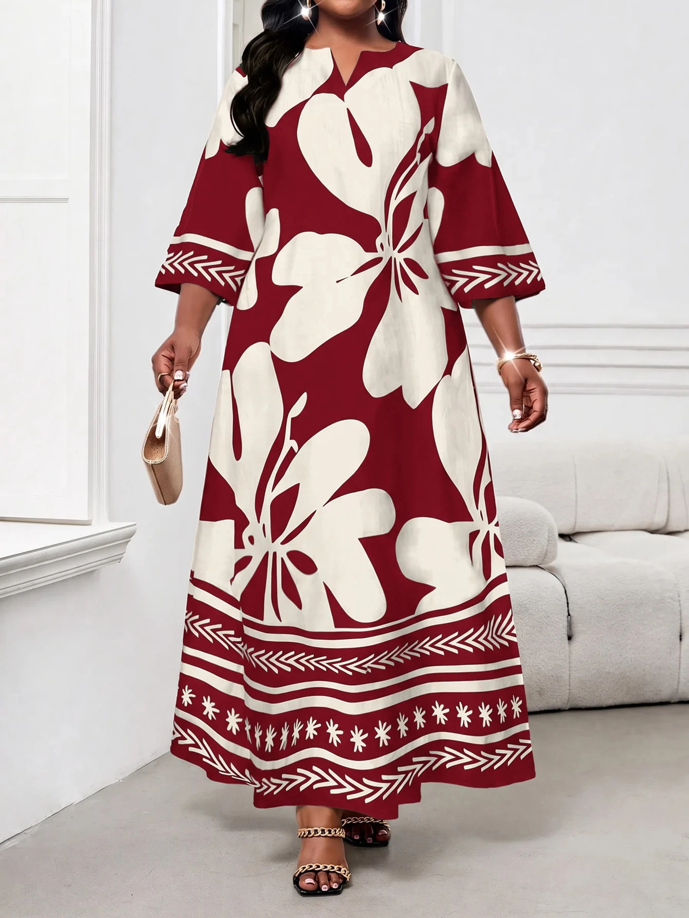 Lady Robe vintage imprimée élégante avec encolure échancrée, grande taille — vue 4