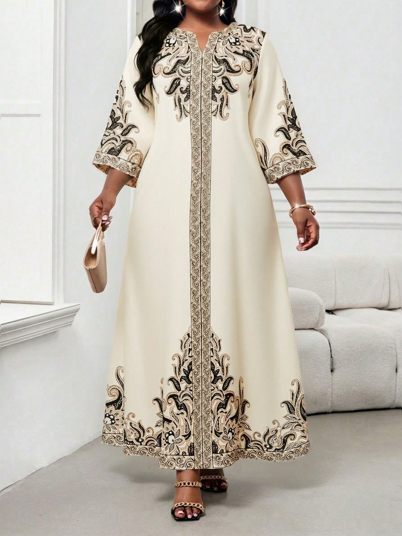 Lady Robe vintage imprimée élégante avec encolure échancrée, grande taille