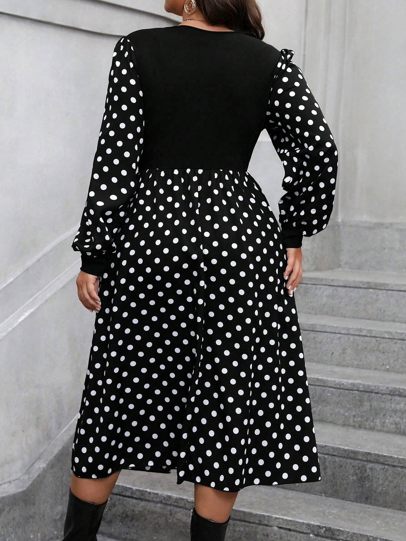 CURVE Robe midi femme grande taille à pois noirs et patchwork à la taille — vue 4