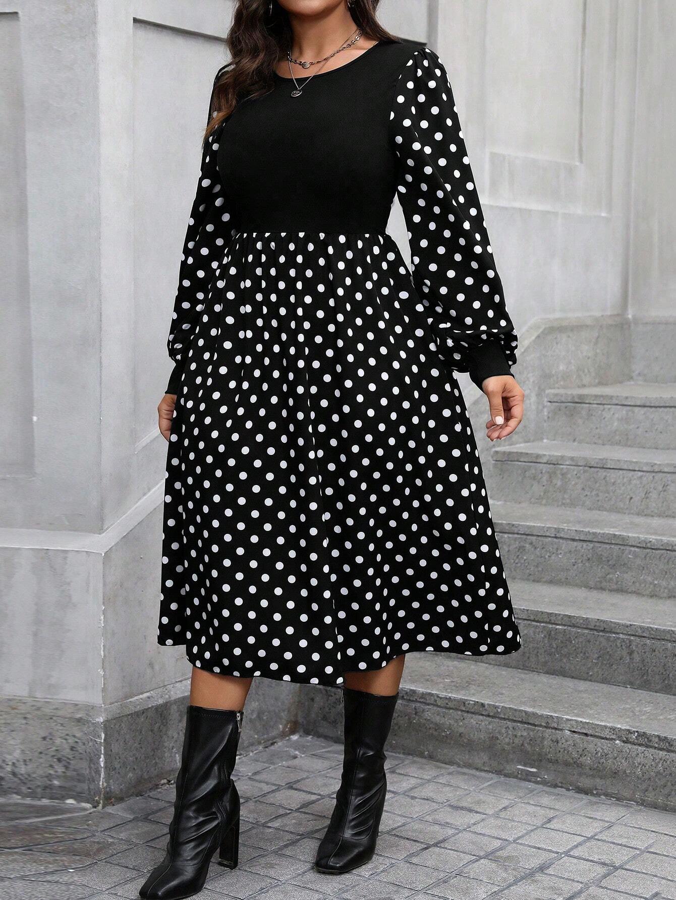 CURVE Robe midi femme grande taille à pois noirs et patchwork à la taille — vue 6