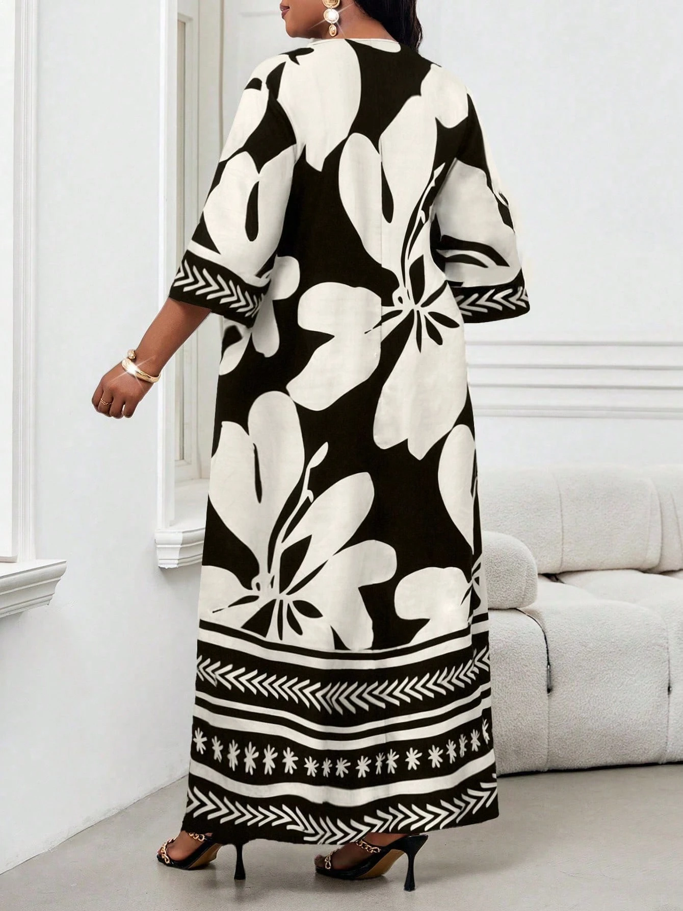 Lady Robe vintage imprimée élégante avec encolure échancrée, grande taille — vue 10