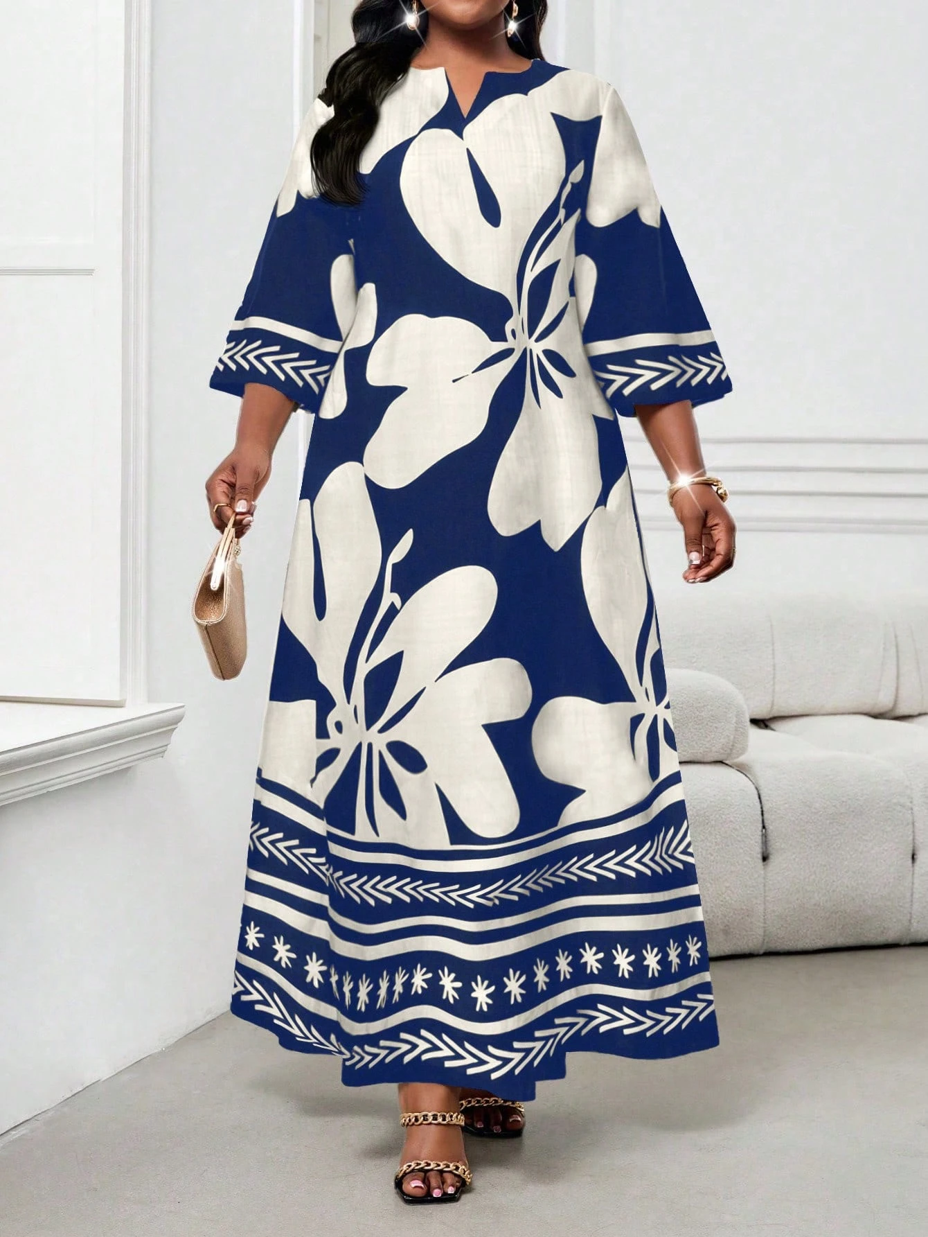 Lady Robe vintage imprimée élégante avec encolure échancrée, grande taille — vue 7