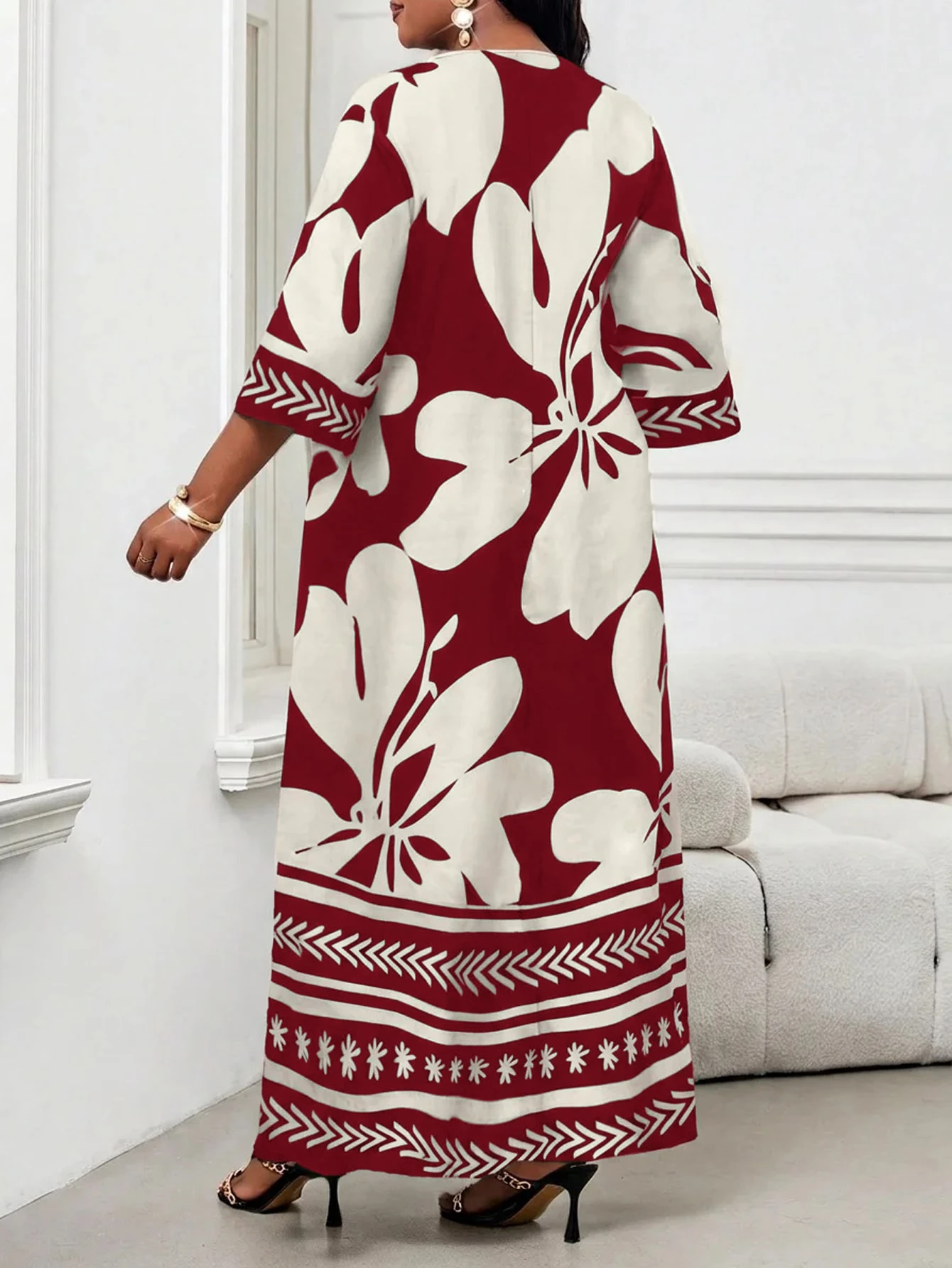 Lady Robe vintage imprimée élégante avec encolure échancrée, grande taille — vue 11