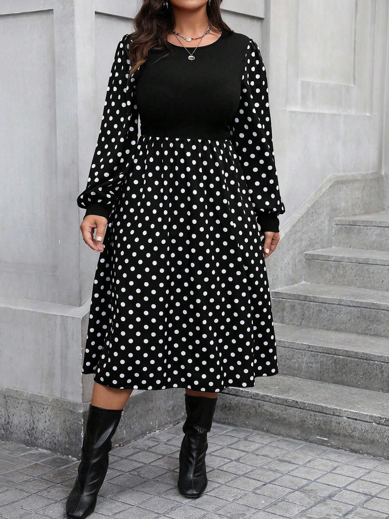 CURVE Robe midi femme grande taille à pois noirs et patchwork à la taille — vue 8