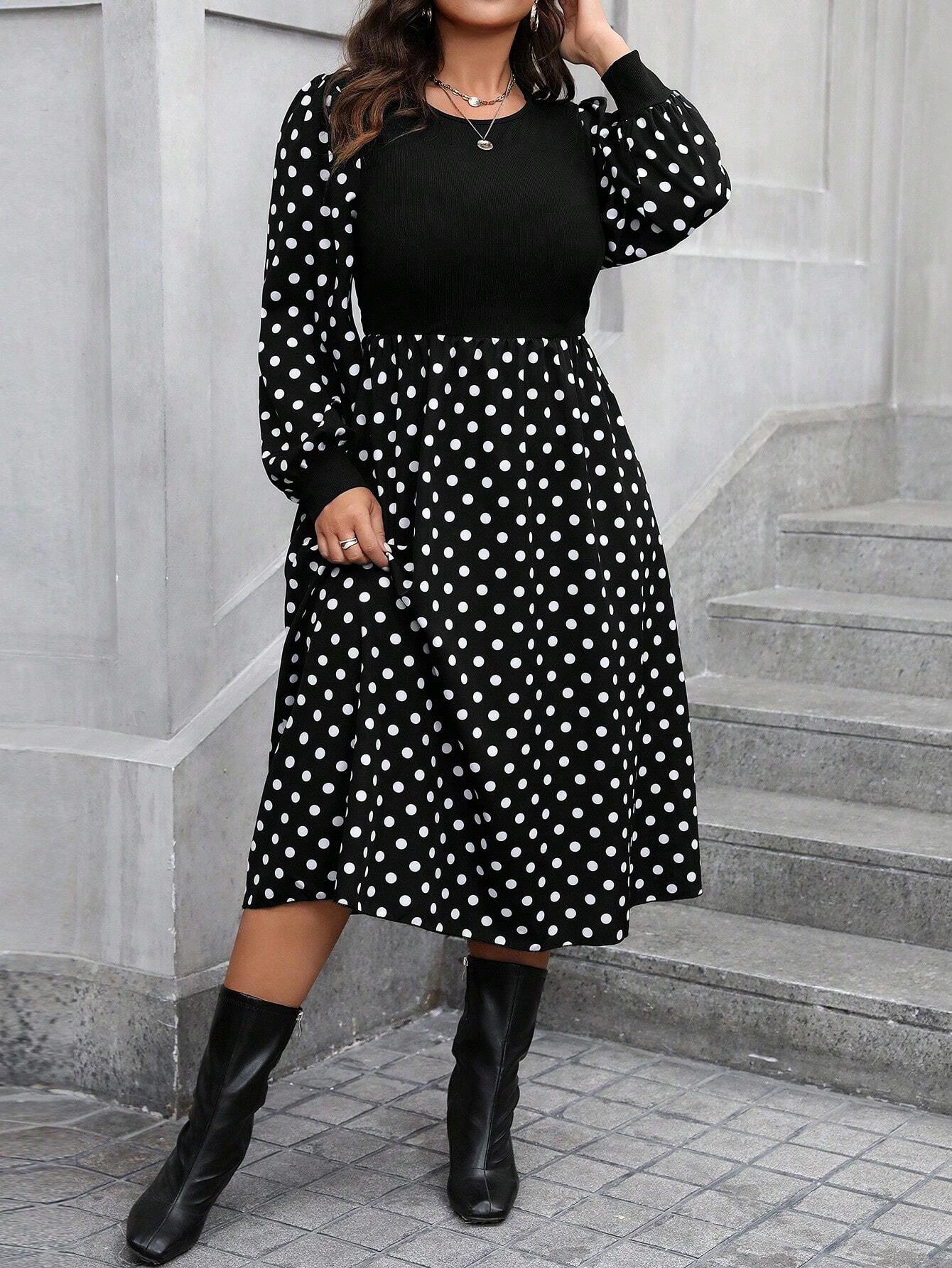 CURVE Robe midi femme grande taille à pois noirs et patchwork à la taille — vue 10