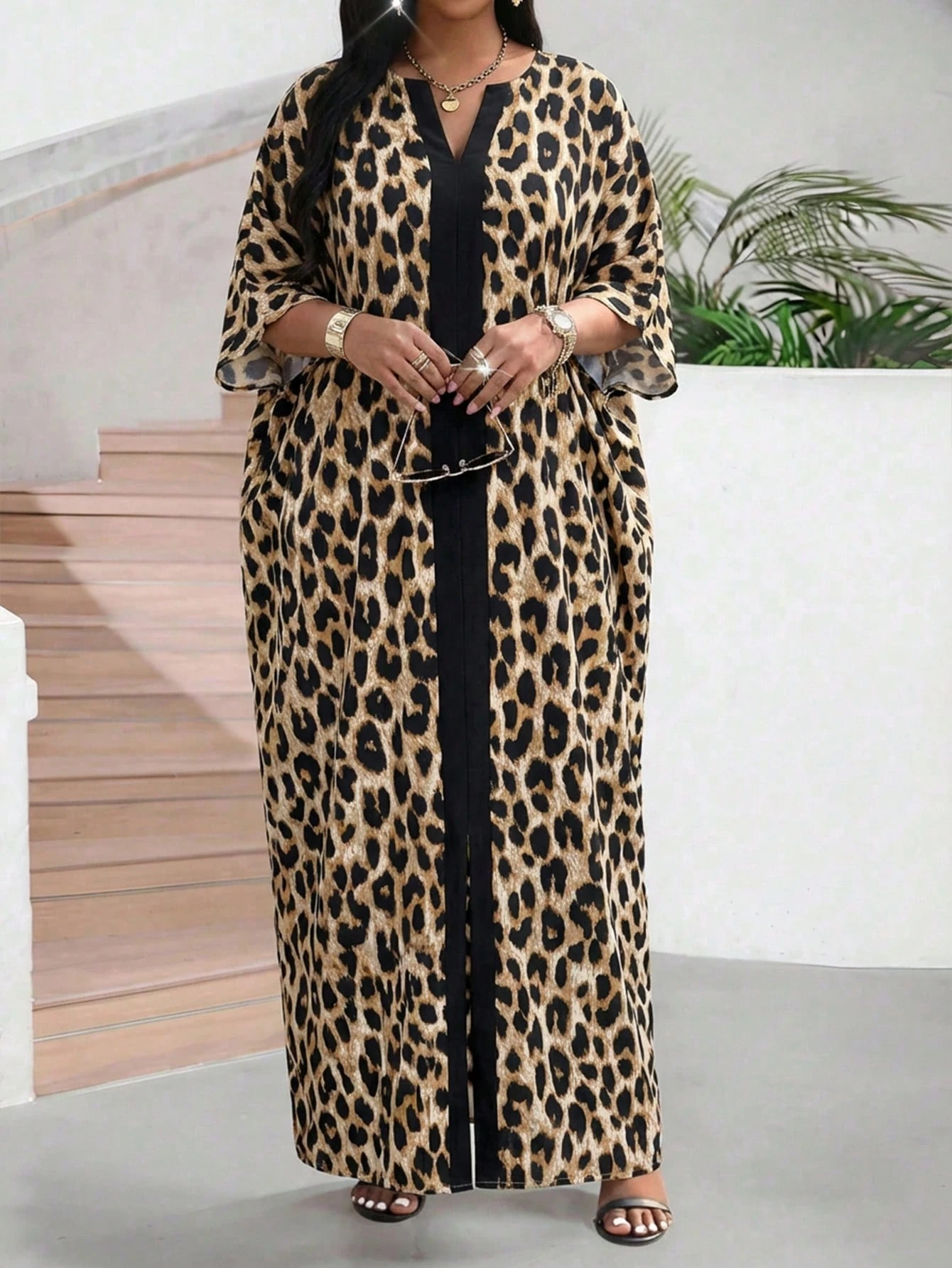 Lady Robe de soirée décontractée à col V imprimé léopard pour grandes tailles