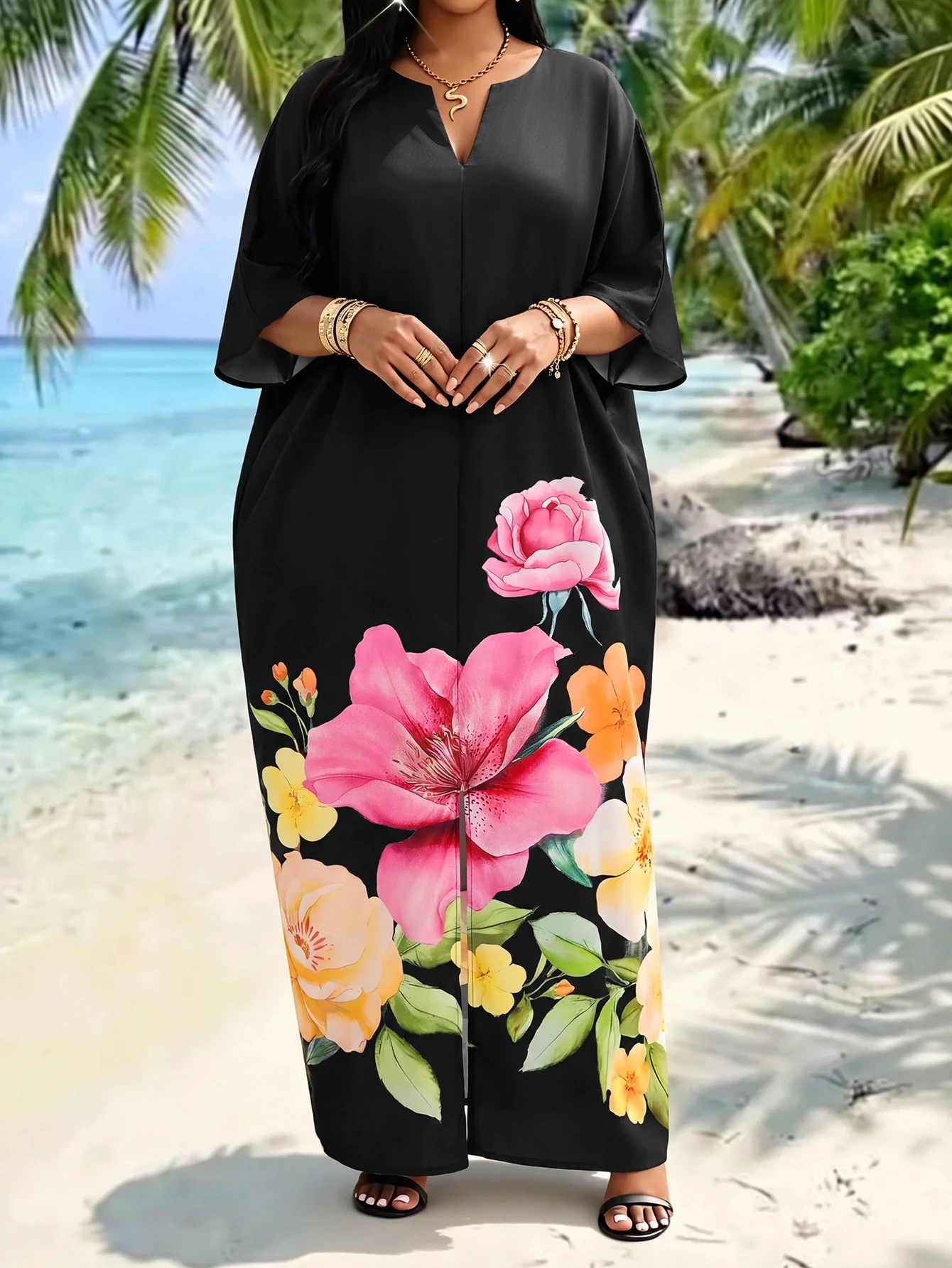 Lady Robe de soirée décontractée à col V imprimé léopard pour grandes tailles — vue 2