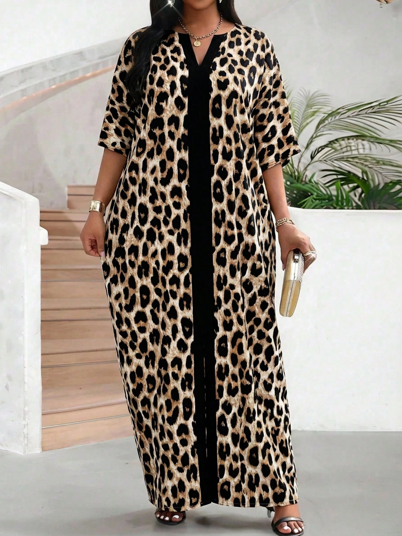 Lady Robe de soirée décontractée à col V imprimé léopard pour grandes tailles — vue 9