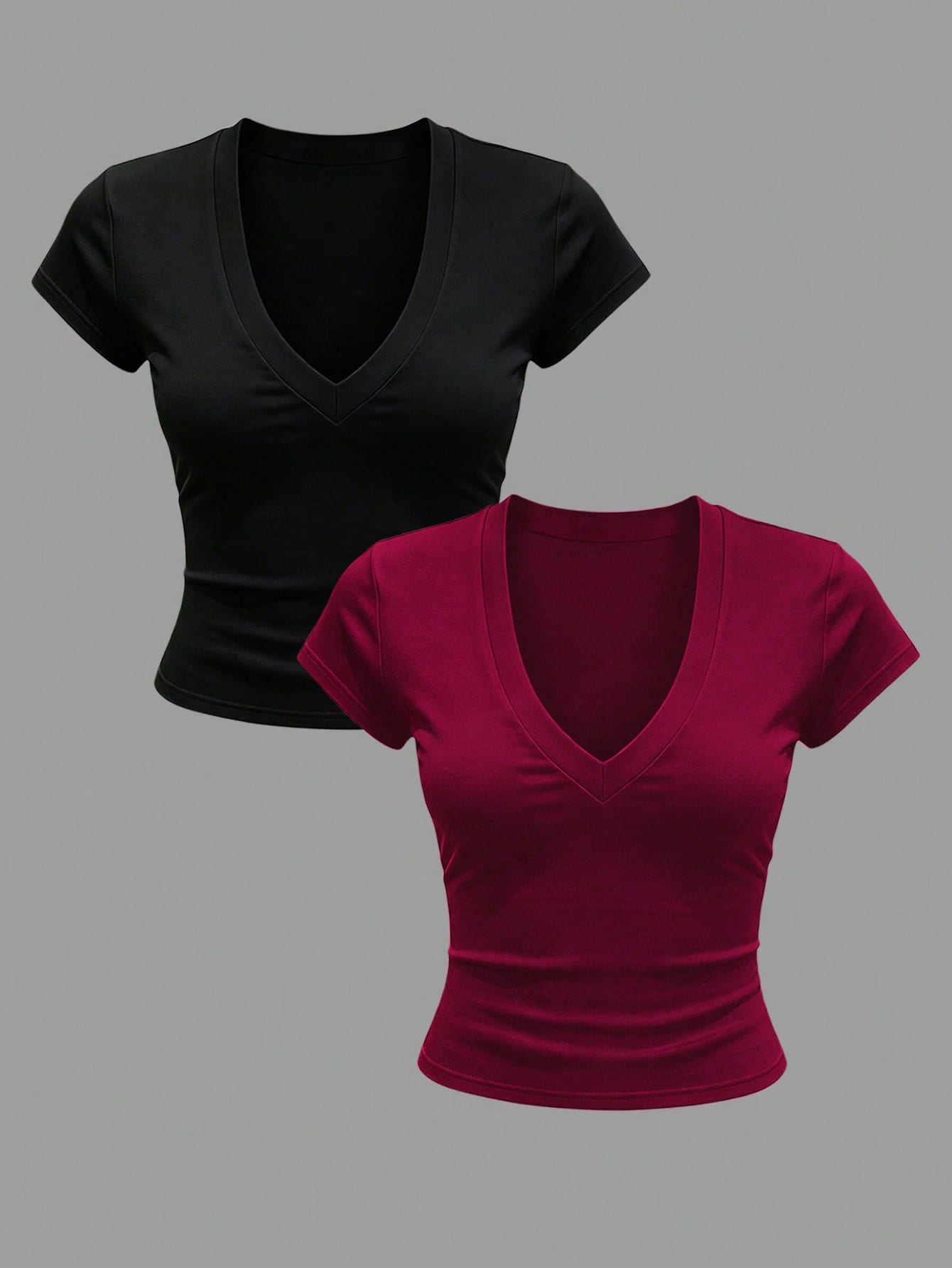 INAWLY Solva T-shirt à manches courtes col V minimaliste de couleur unie pour femmes — vue 6