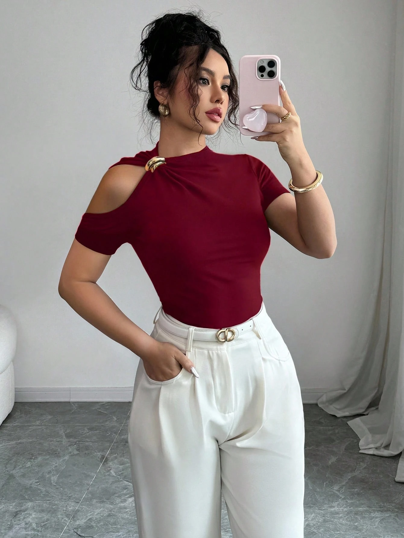 Elenzga T-shirt mode femme épaules dénudées de couleur unie — vue 3