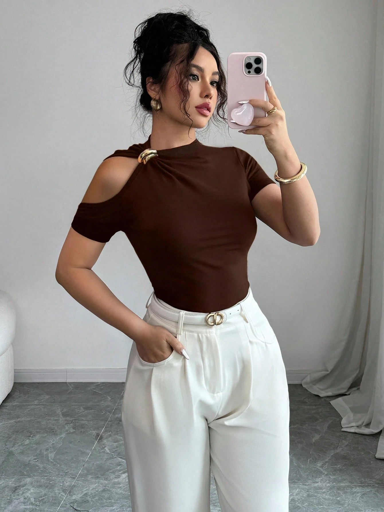 Elenzga T-shirt mode femme épaules dénudées de couleur unie — vue 6