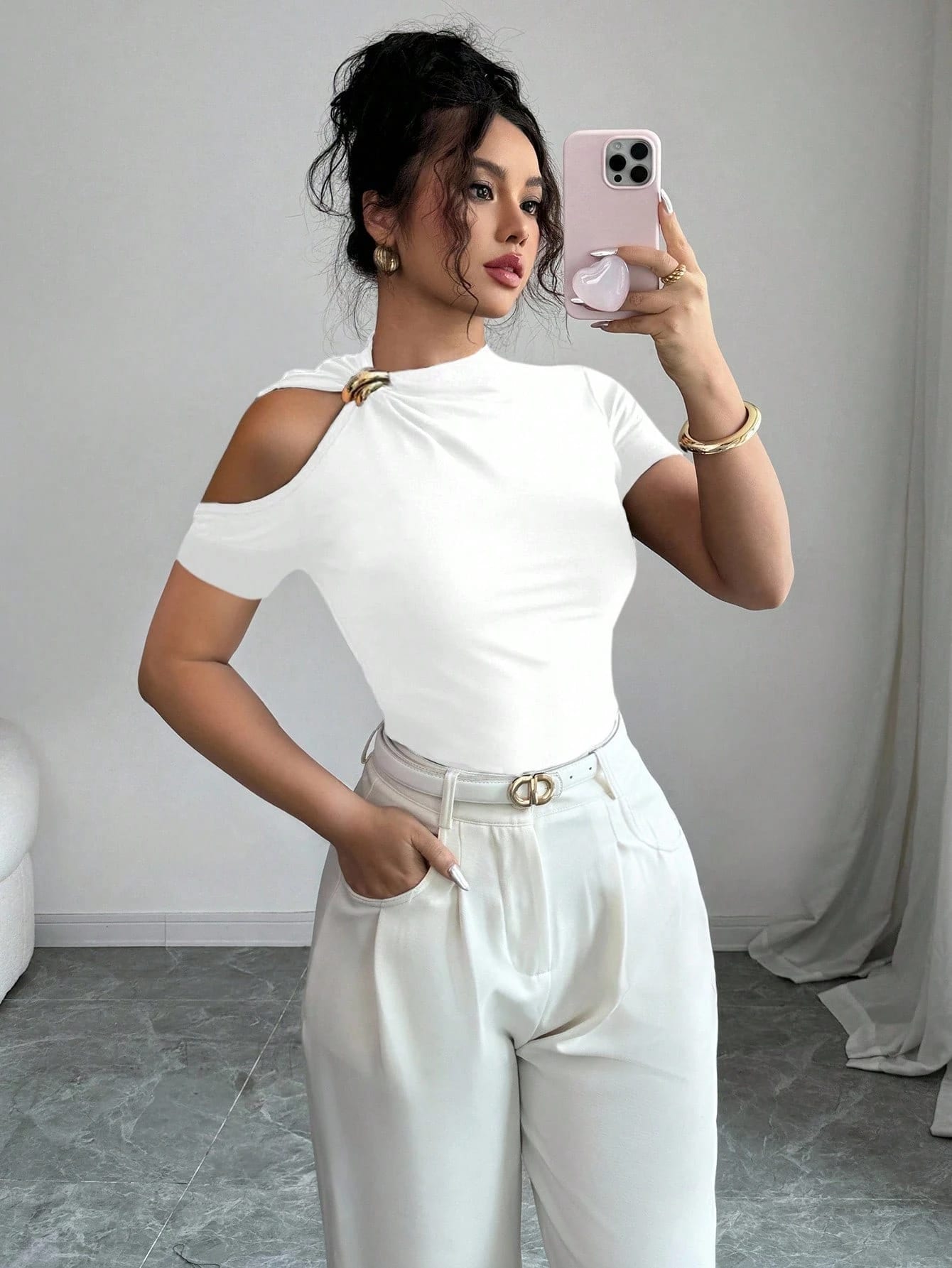 Elenzga T-shirt mode femme épaules dénudées de couleur unie