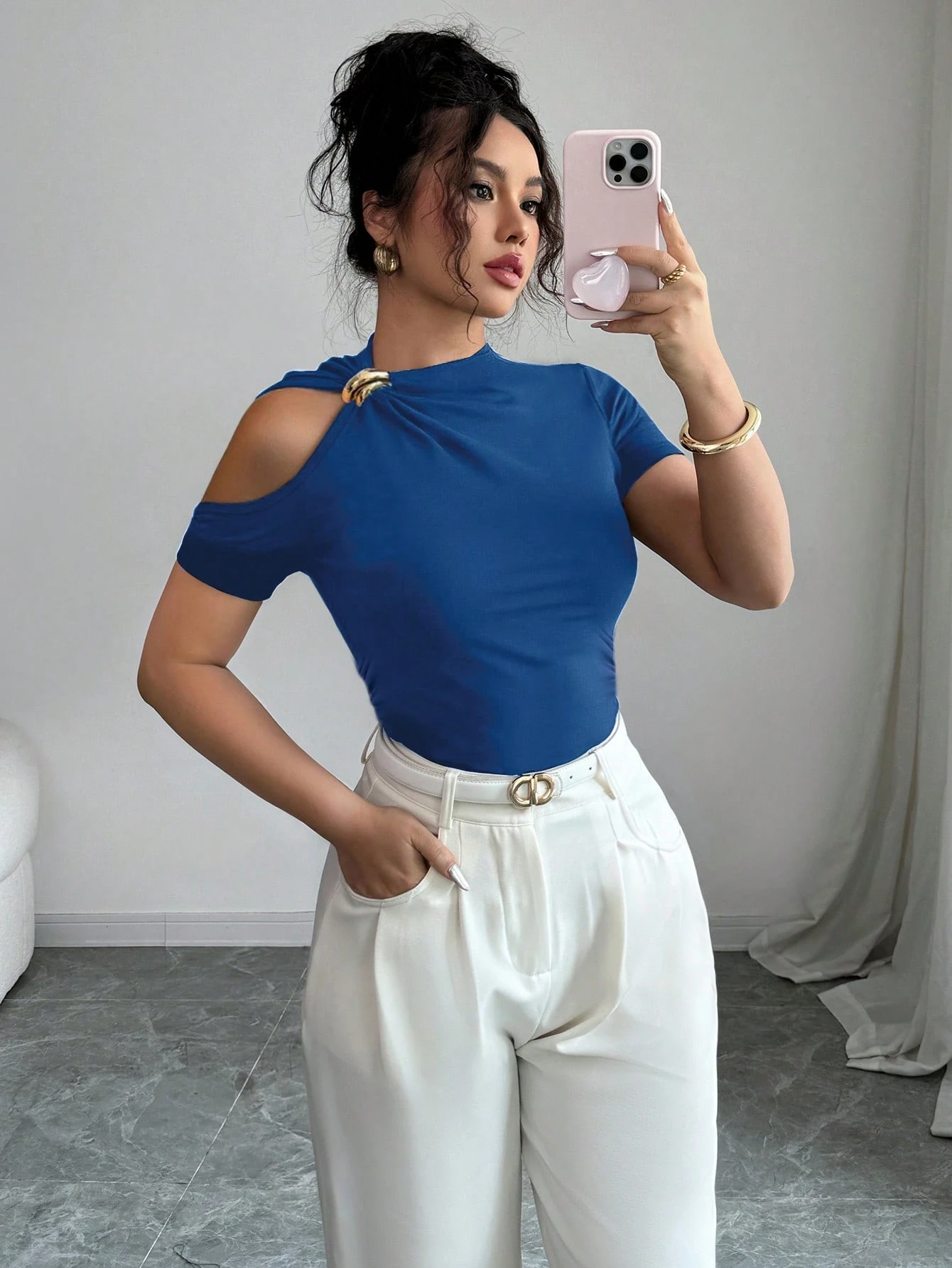 Elenzga T-shirt mode femme épaules dénudées de couleur unie — vue 4