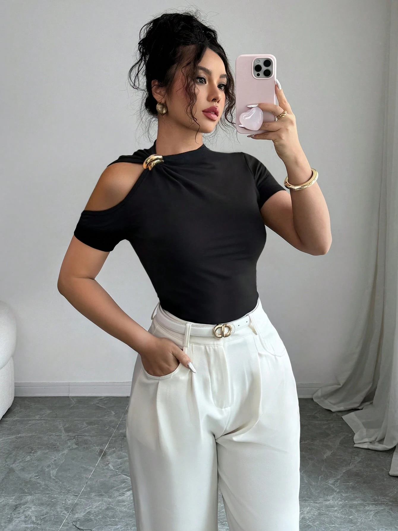 Elenzga T-shirt mode femme épaules dénudées de couleur unie — vue 2