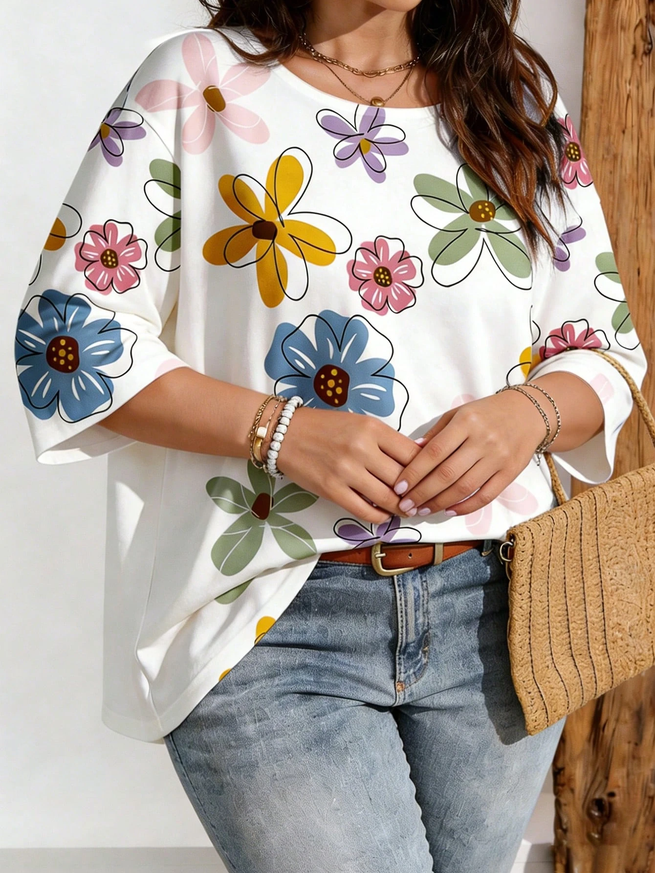 EMERY ROSE T-shirt décontracté minimaliste à fleurs ditsy avec épaules tombantes pour — vue 10
