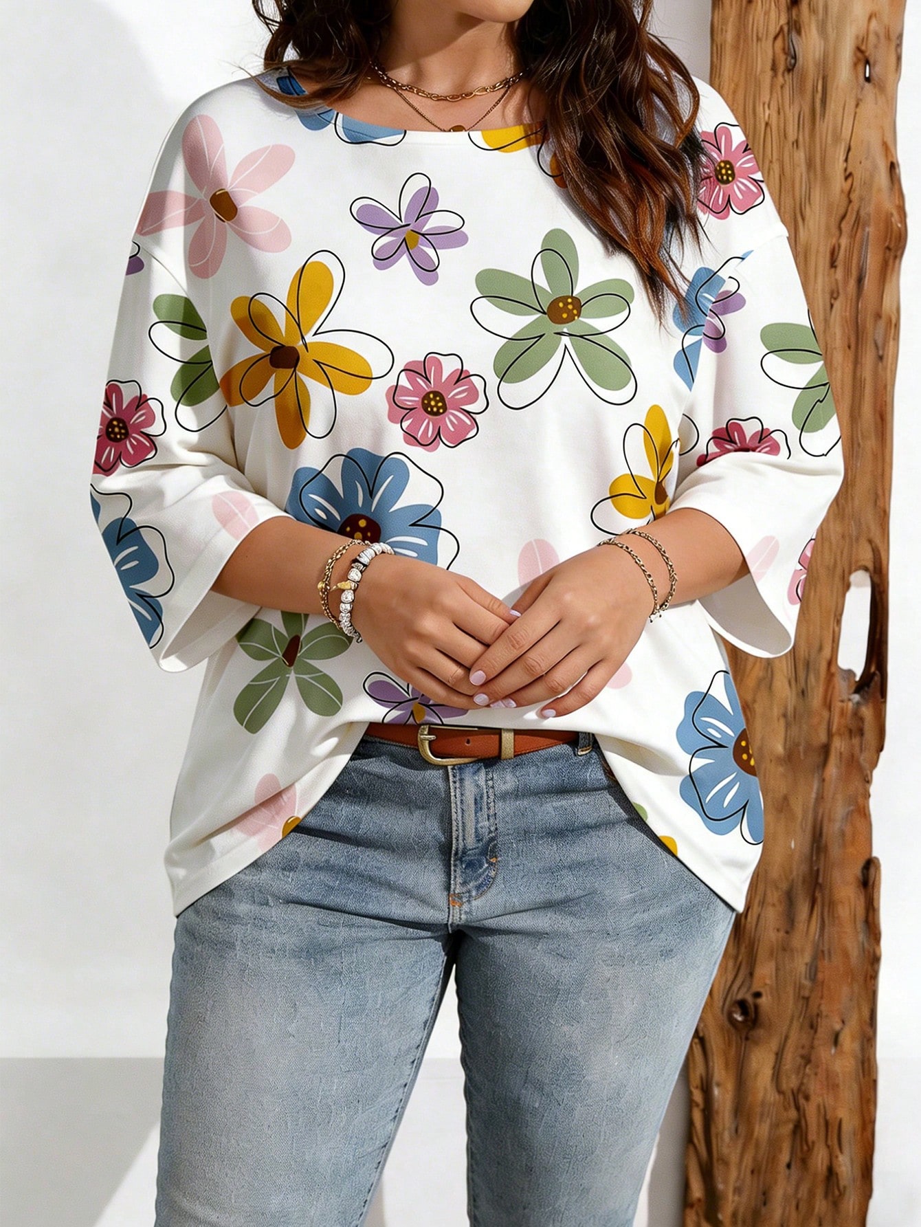 EMERY ROSE T-shirt décontracté minimaliste à fleurs ditsy avec épaules tombantes pour — vue 9