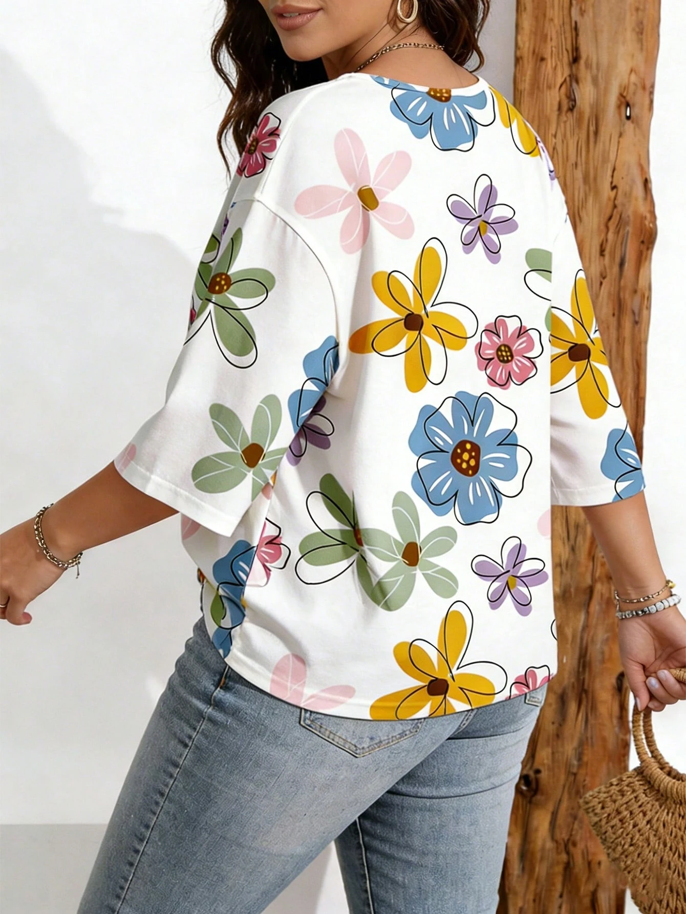 EMERY ROSE T-shirt décontracté minimaliste à fleurs ditsy avec épaules tombantes pour — vue 7