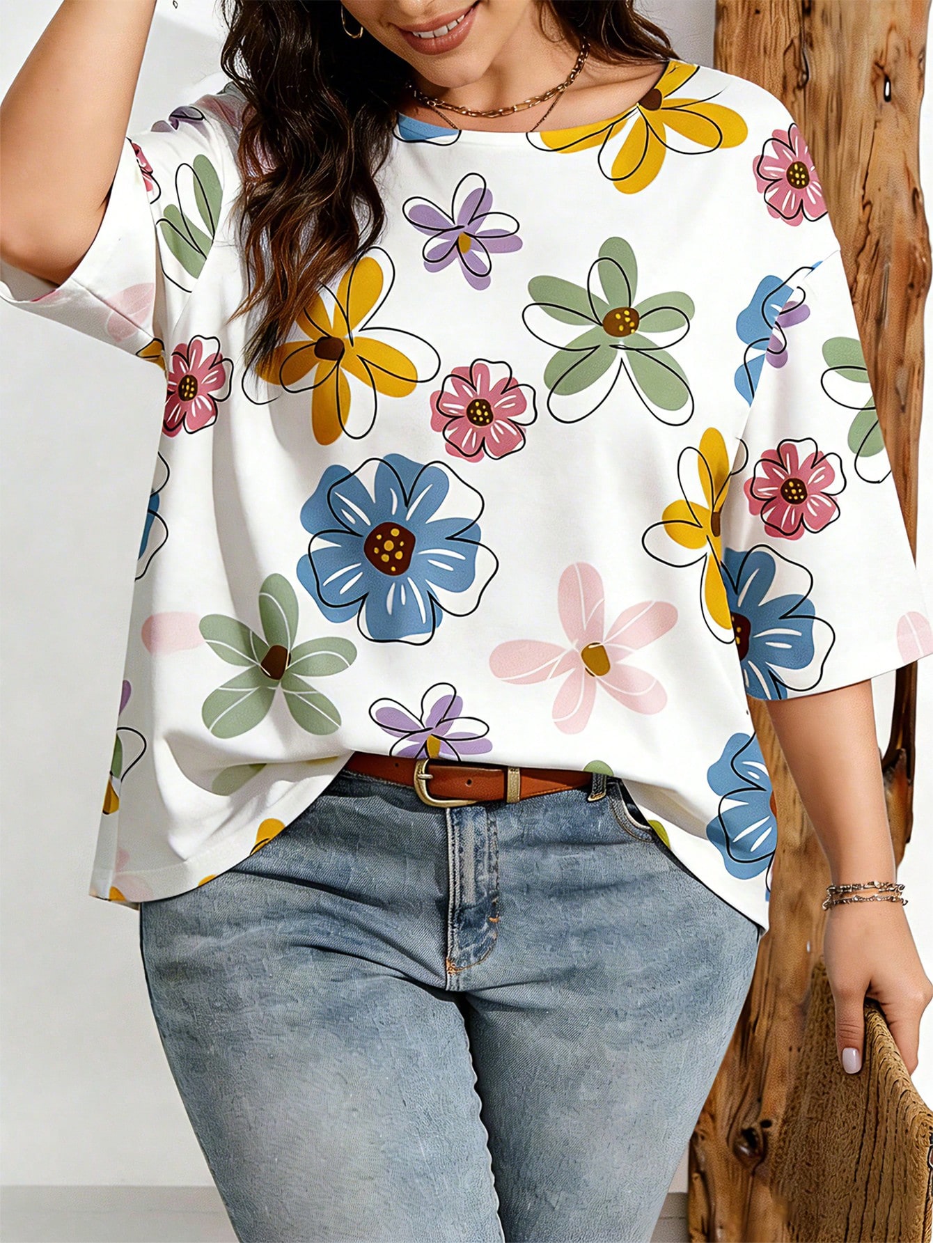 EMERY ROSE T-shirt décontracté minimaliste à fleurs ditsy avec épaules tombantes pour — vue 8