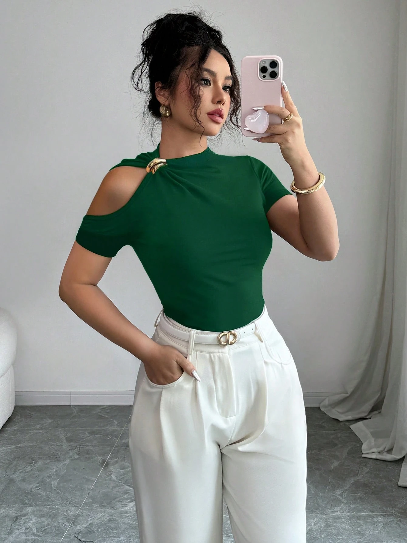Elenzga T-shirt mode femme épaules dénudées de couleur unie — vue 5
