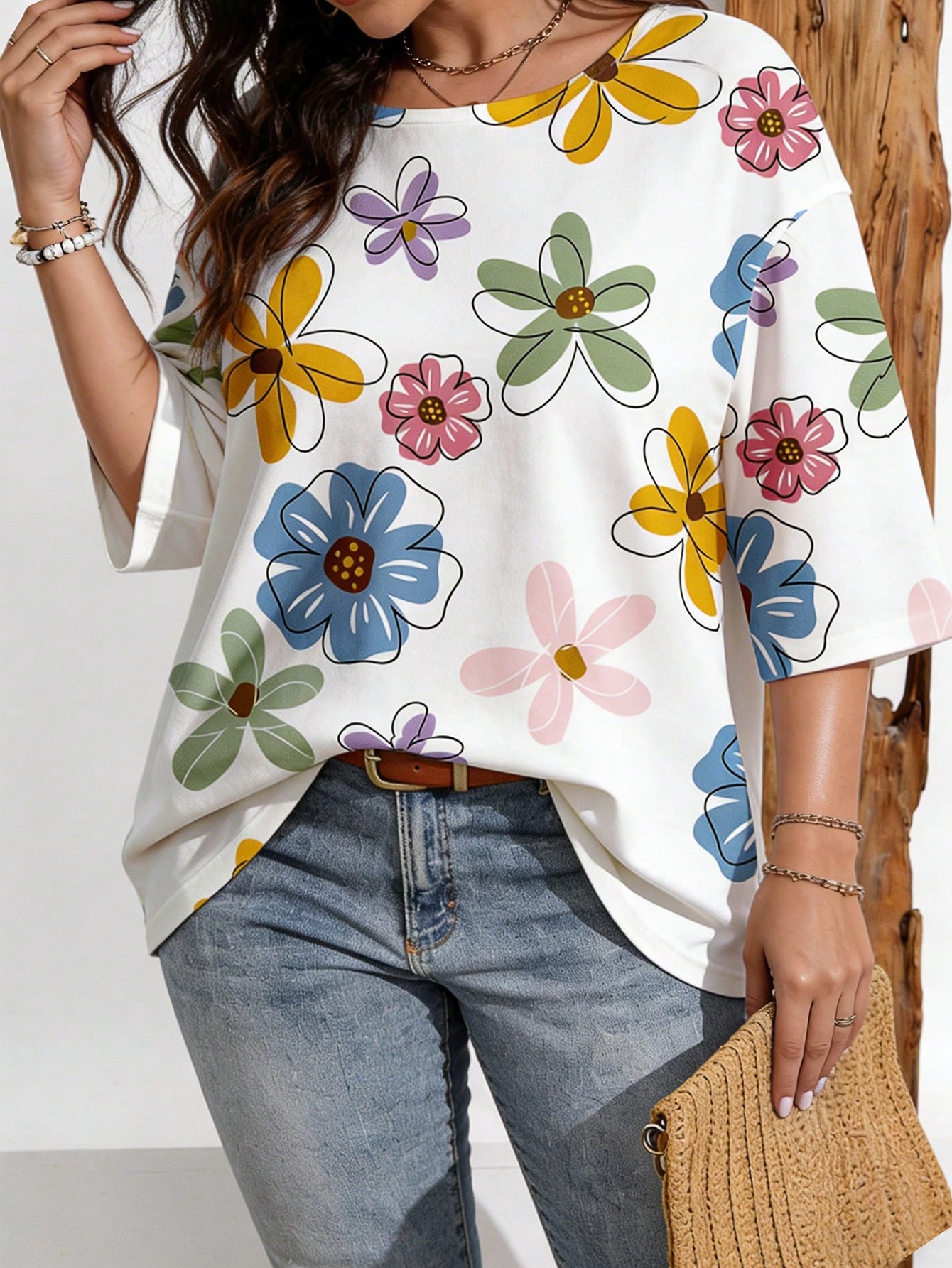 EMERY ROSE T-shirt décontracté minimaliste à fleurs ditsy avec épaules tombantes pour — vue 6