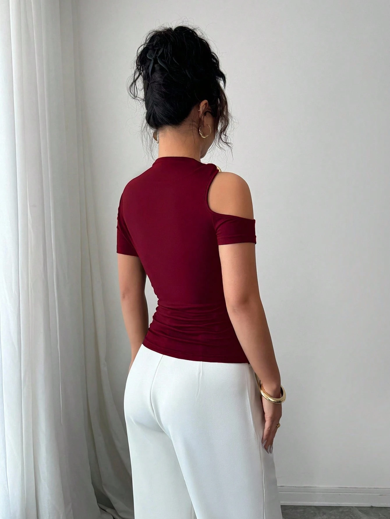 Elenzga T-shirt mode femme épaules dénudées de couleur unie — vue 9